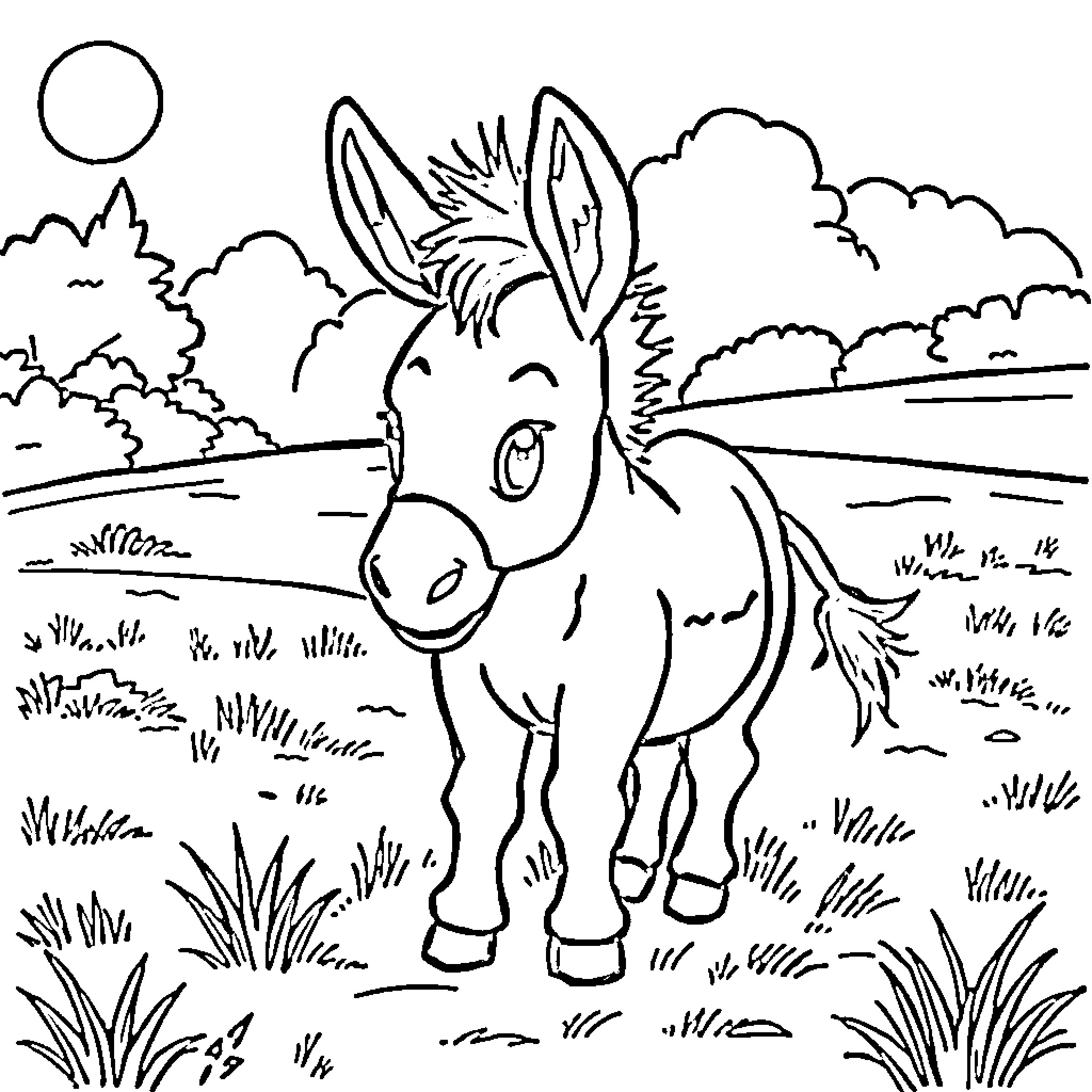 Donkey cheerfully frolicking in the countryside Coloring Page (free black-and-white line drawing printable PDF for all, from beginners to advanced learners, including children, teens, adults, and seniors)