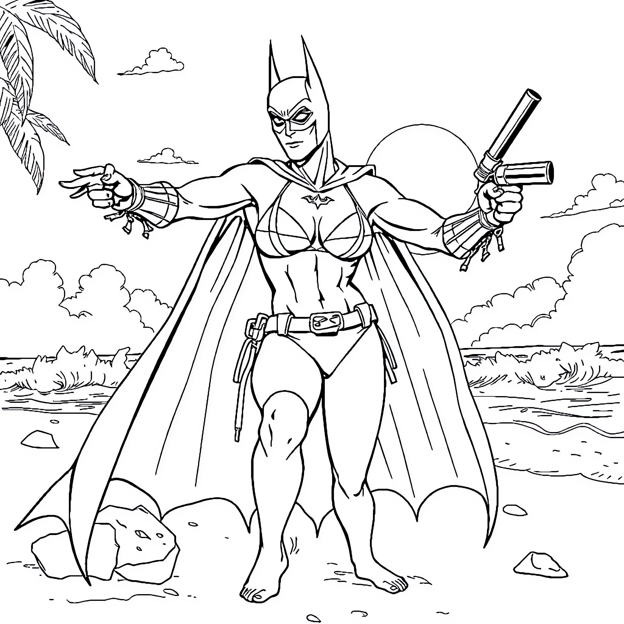 Batman taking action in the great outdoors Coloring Page (free black-and-white line drawing printable PDF for all, from beginners to advanced learners, including children, teens, adults, and seniors)