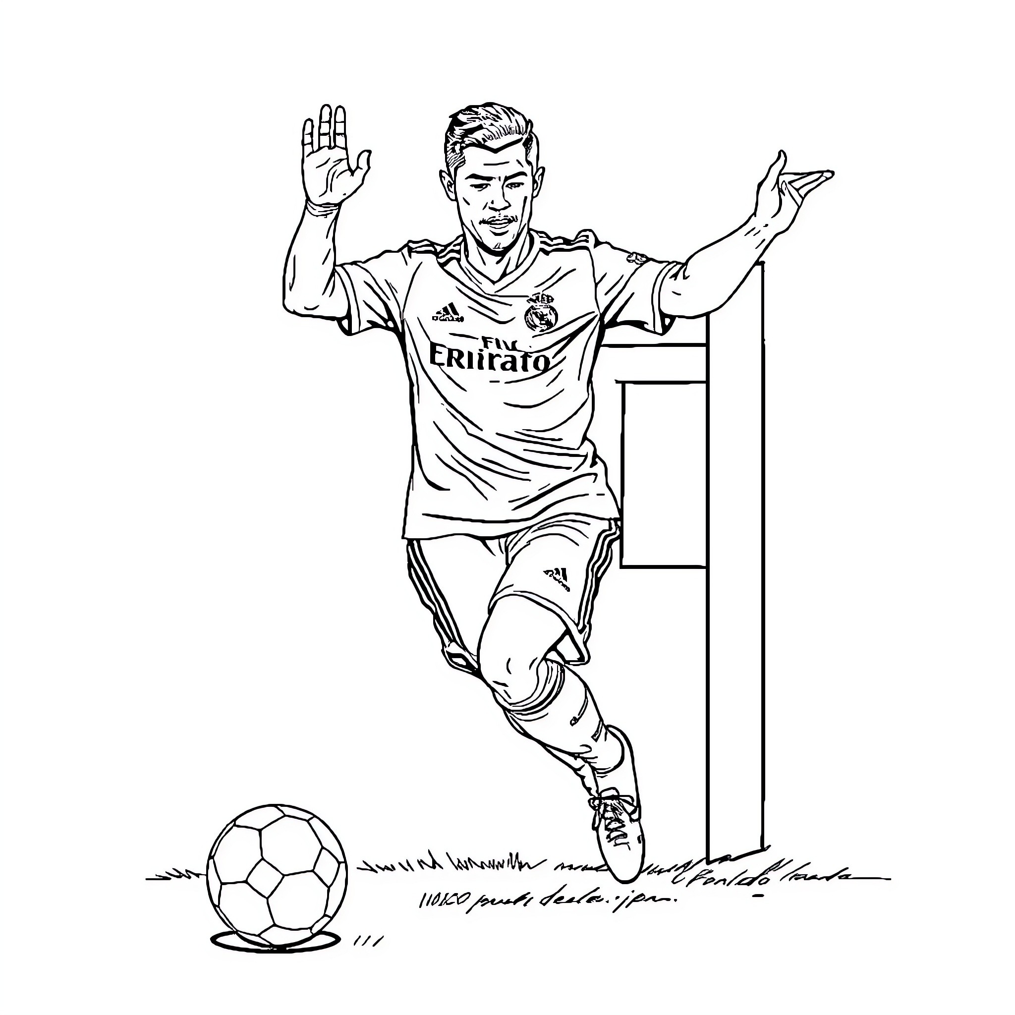 Cristiano Ronaldo celebrating after scoring a goal Coloring Page (free black-and-white line drawing printable PDF for all, from beginners to advanced learners, including children, teens, adults, and seniors)