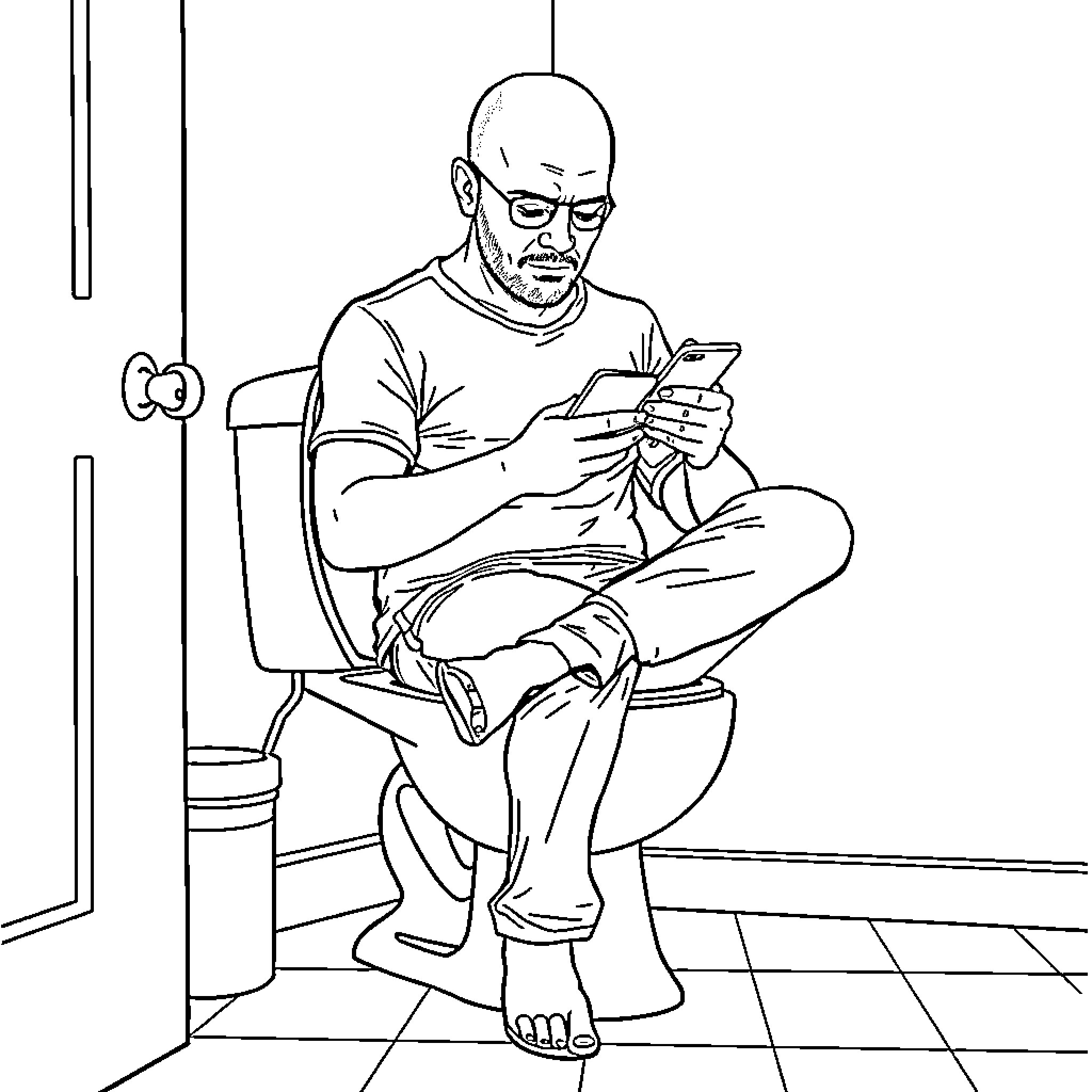 Husband intently using mobile device in bathroom Coloring Page (free black-and-white line drawing printable PDF for all, from beginners to advanced learners, including children, teens, adults, and seniors)