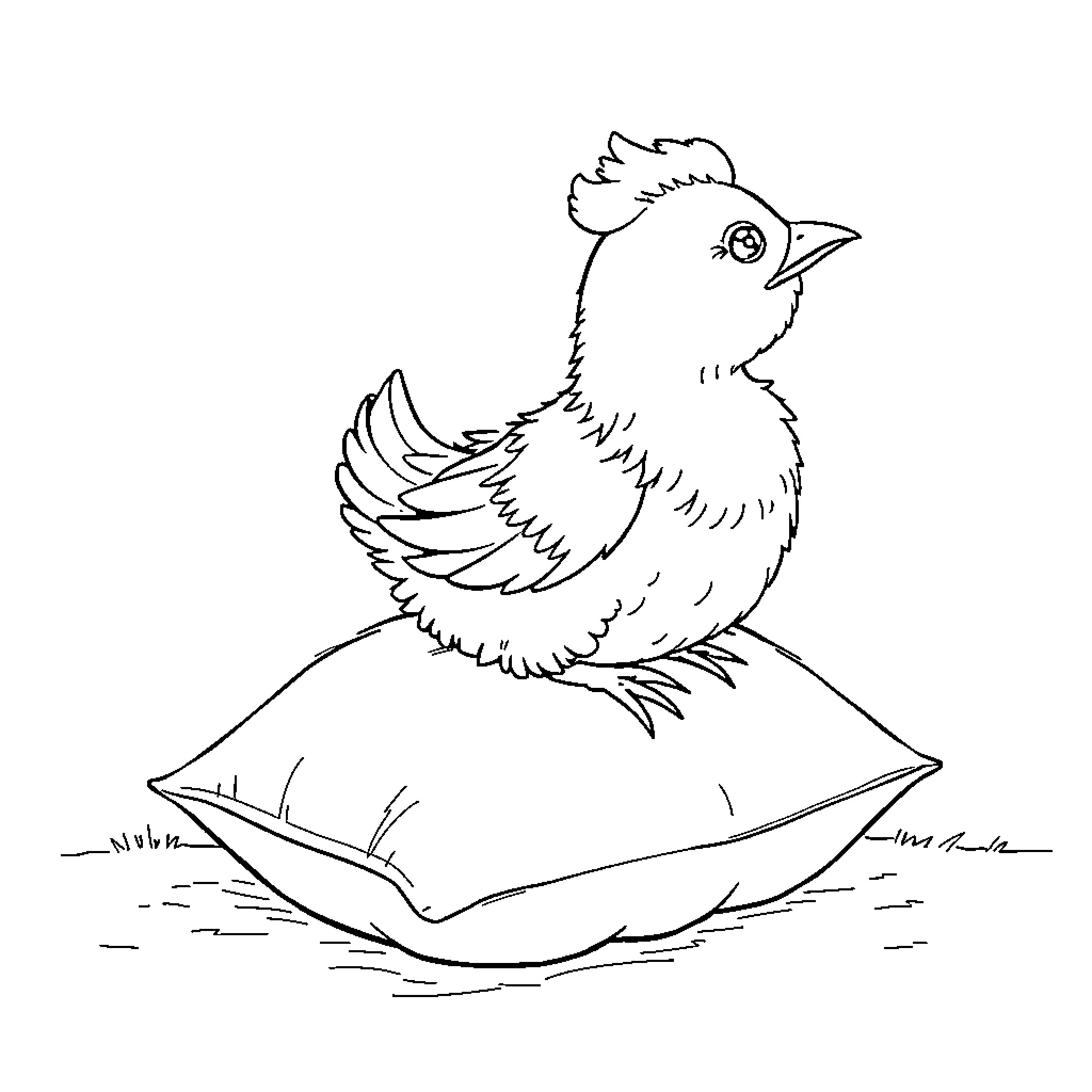 Chicken perched on a pillow Coloring Page (free black-and-white line drawing printable PDF for all, from beginners to advanced learners, including children, teens, adults, and seniors)