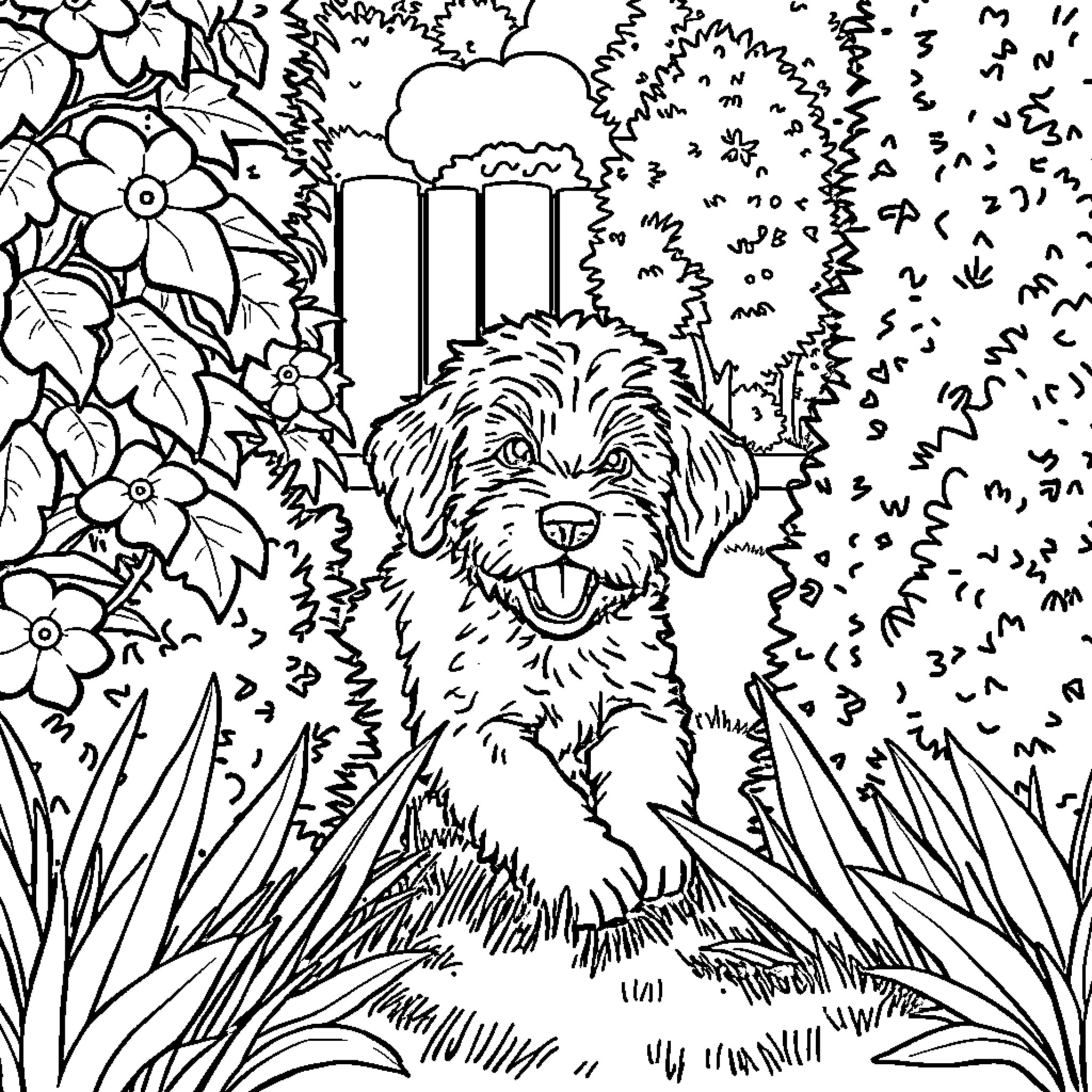 Labradoodle frolicking happily in a lush garden Coloring Page (free black-and-white line drawing printable PDF for all, from beginners to advanced learners, including children, teens, adults, and seniors)