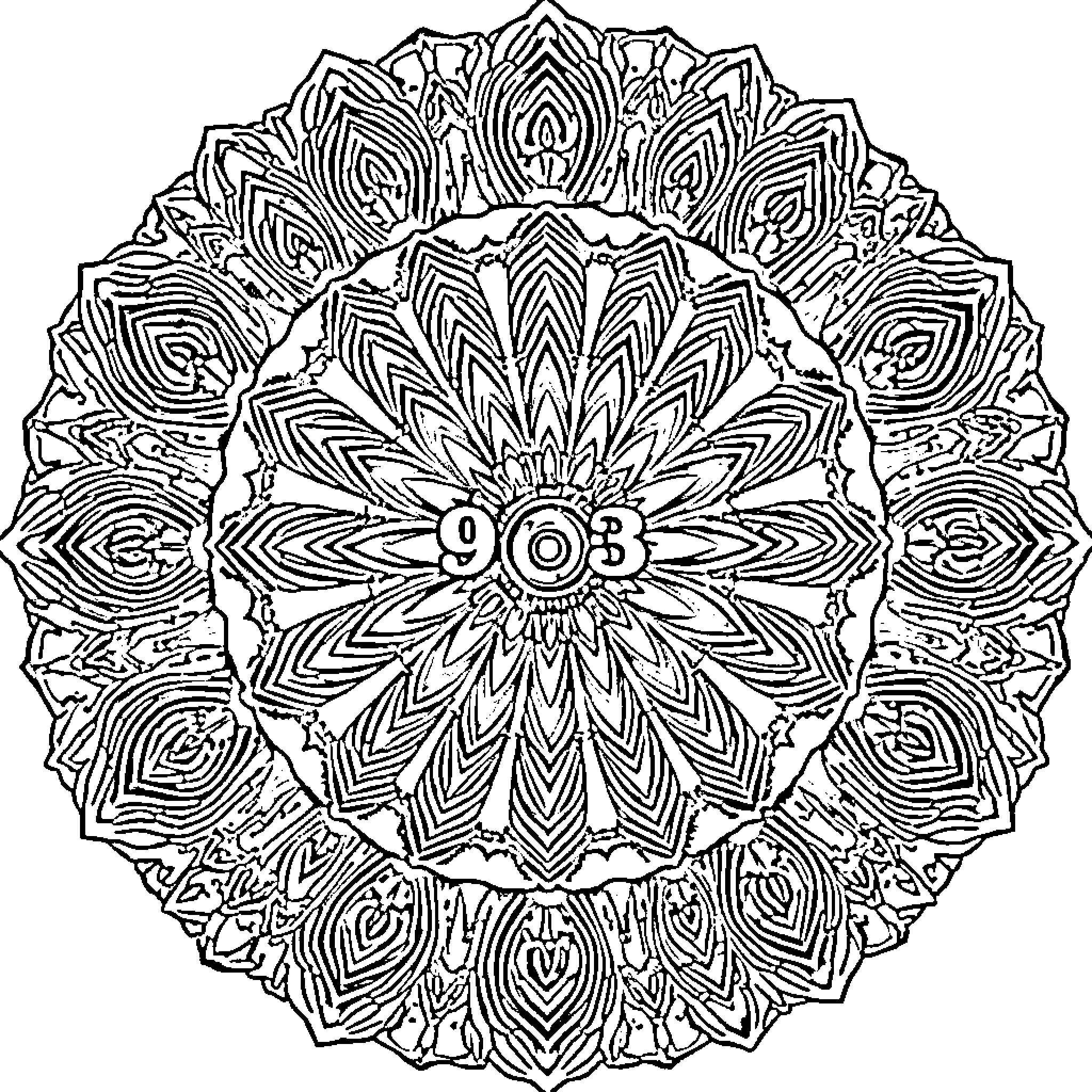 Mandala with symmetrical floral and geometric patterns Coloring Page (free black-and-white line drawing printable PDF for all, from beginners to advanced learners, including children, teens, adults, and seniors)