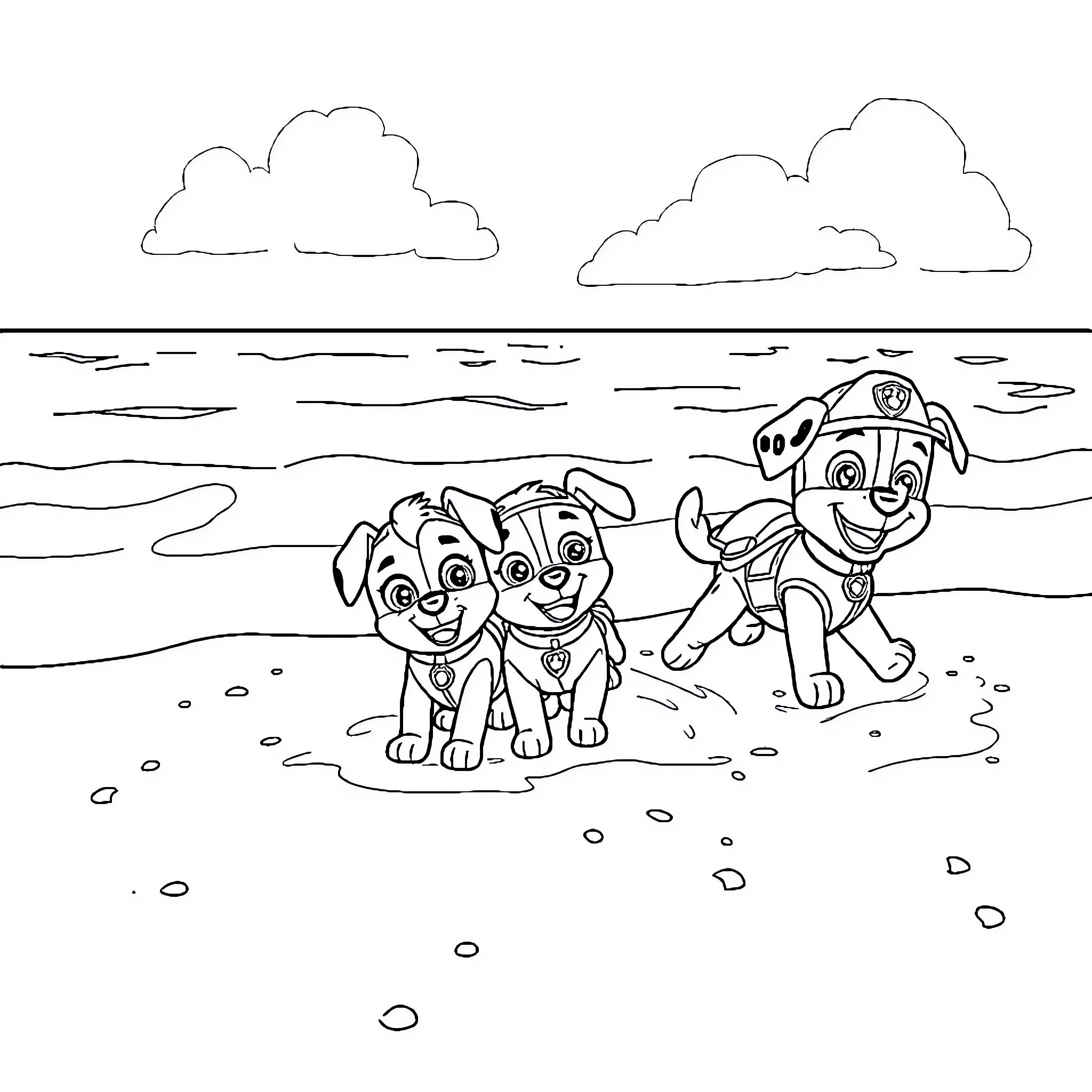 Paw Patrol Pups Playing on the Beach Coloring Page (free black-and-white line drawing printable PDF for all, from beginners to advanced learners, including children, teens, adults, and seniors)