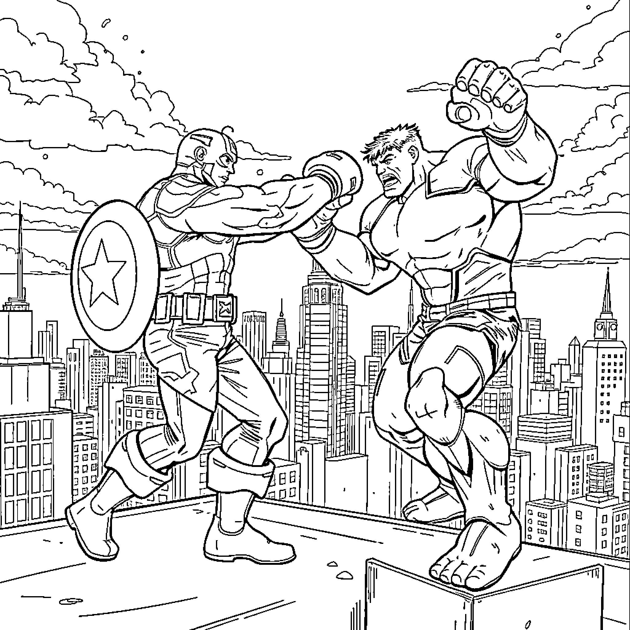 Captain America and Hulk Fighting in the City Coloring Page (free black-and-white line drawing printable PDF for all, from beginners to advanced learners, including children, teens, adults, and seniors)