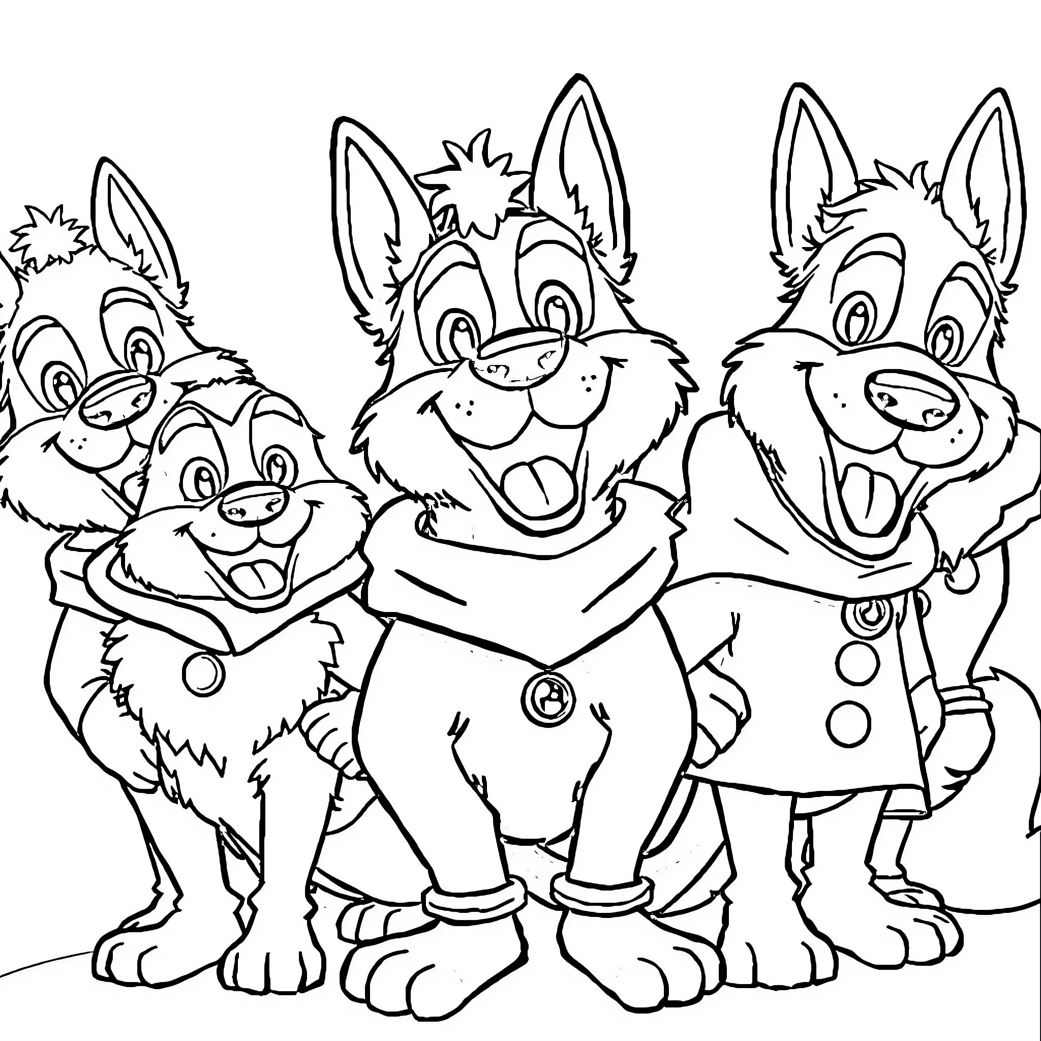 Dog Man in Silly Costumes Sharing Laughs Coloring Page (free black-and-white line drawing printable PDF for all, from beginners to advanced learners, including children, teens, adults, and seniors)