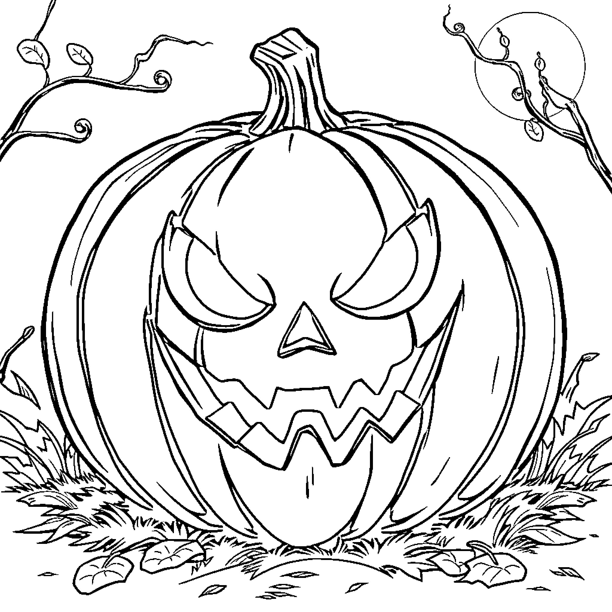 Pumpkin with Spooky Carved Face in the Grass Coloring Page (free black-and-white line drawing printable PDF for all, from beginners to advanced learners, including children, teens, adults, and seniors)