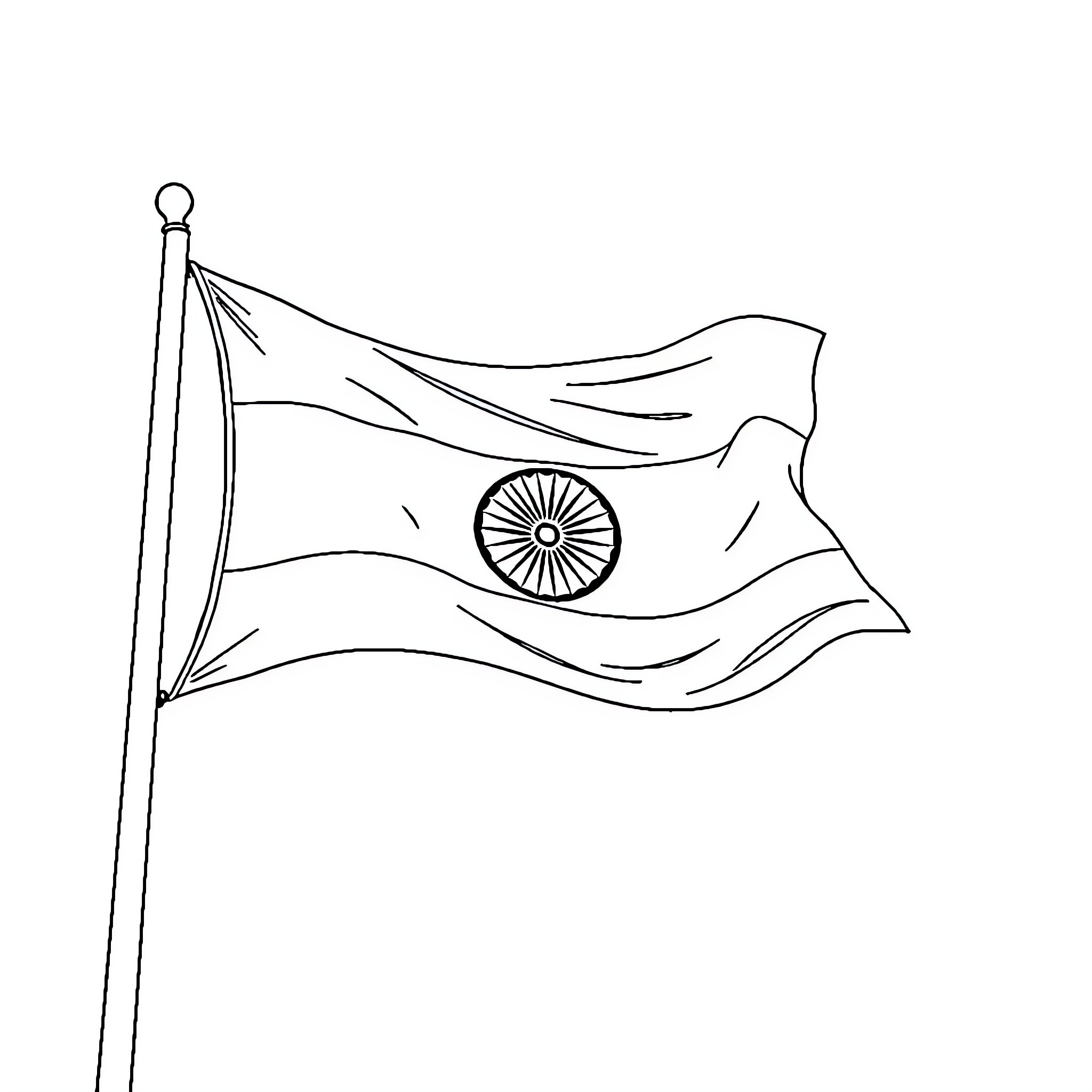 India's Waving National Flag Coloring Page (free black-and-white line drawing printable PDF for all, from beginners to advanced learners, including children, teens, adults, and seniors)
