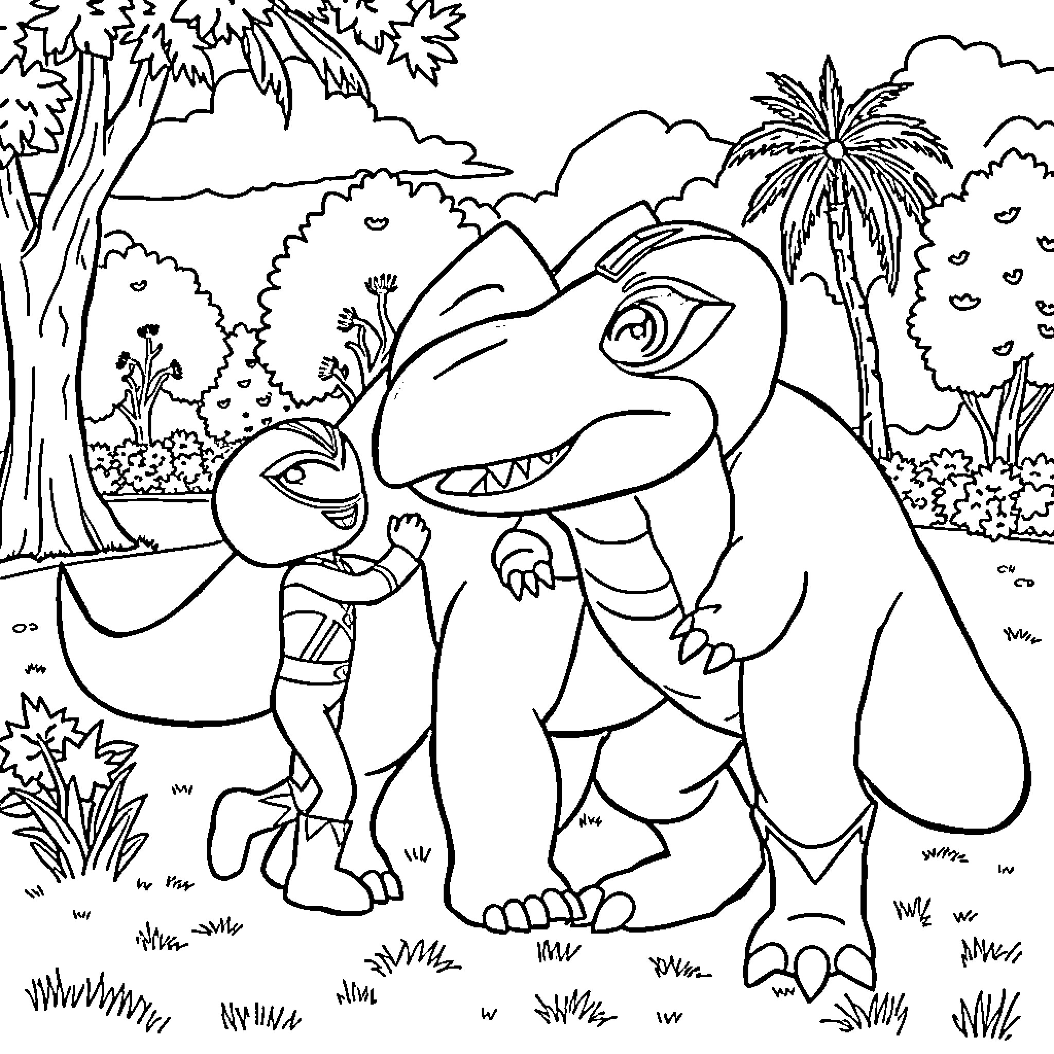 Power Ranger Dinosaur Adventures in the Jungle Coloring Page (free black-and-white line drawing printable PDF for all, from beginners to advanced learners, including children, teens, adults, and seniors)