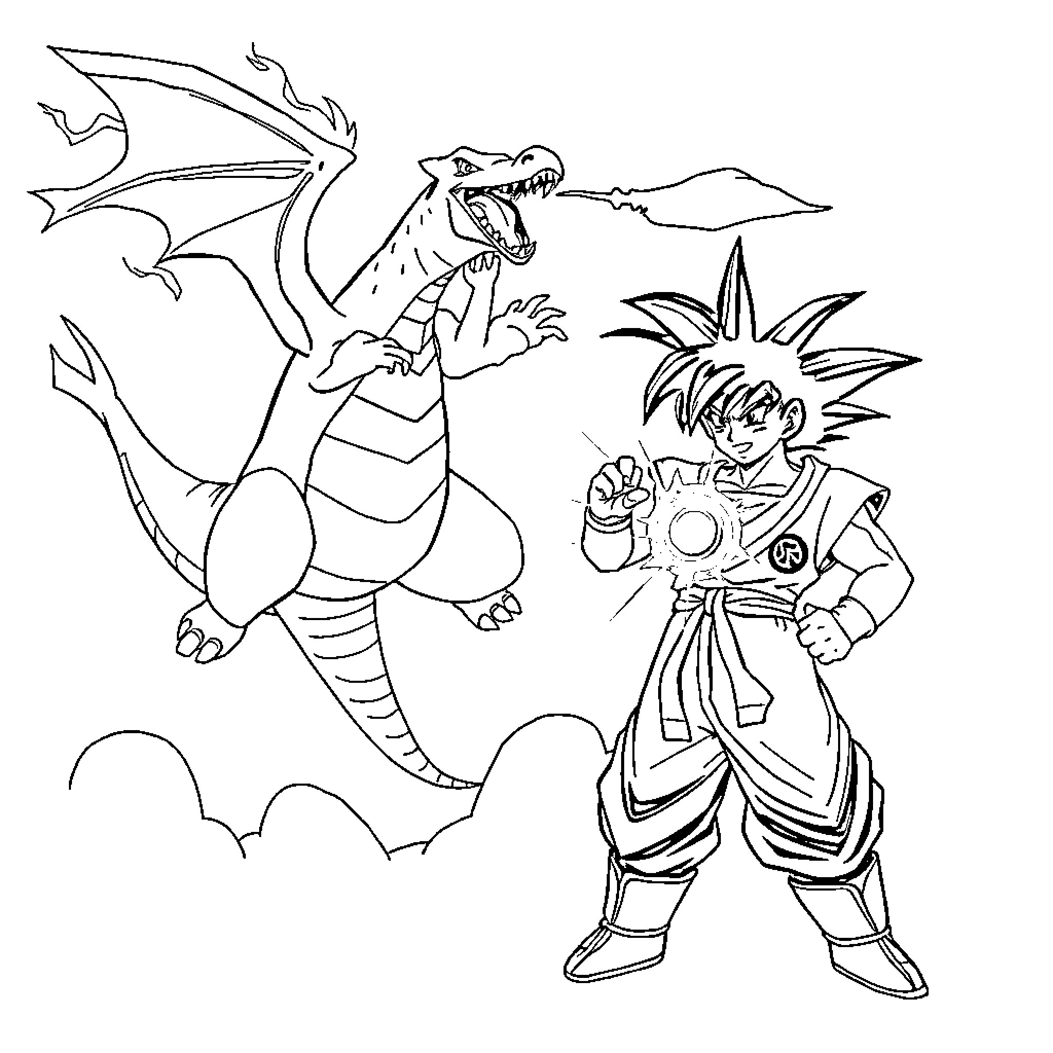 Charizard roaring powerfully beside Goku in battle Coloring Page (free black-and-white line drawing printable PDF for all, from beginners to advanced learners, including children, teens, adults, and seniors)