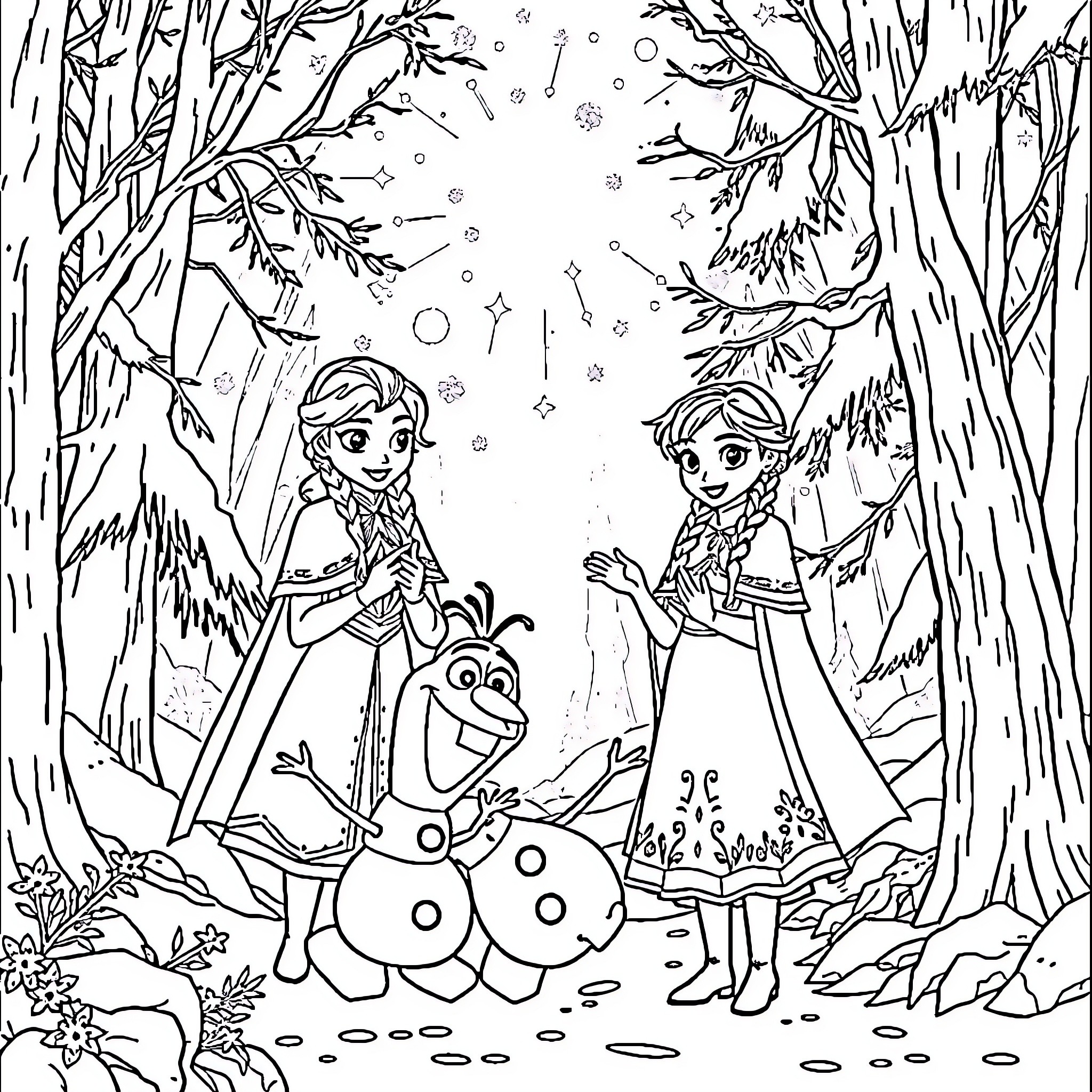Frozen sisters exploring snowy forest with Olaf Coloring Page (free black-and-white line drawing printable PDF for all, from beginners to advanced learners, including children, teens, adults, and seniors)