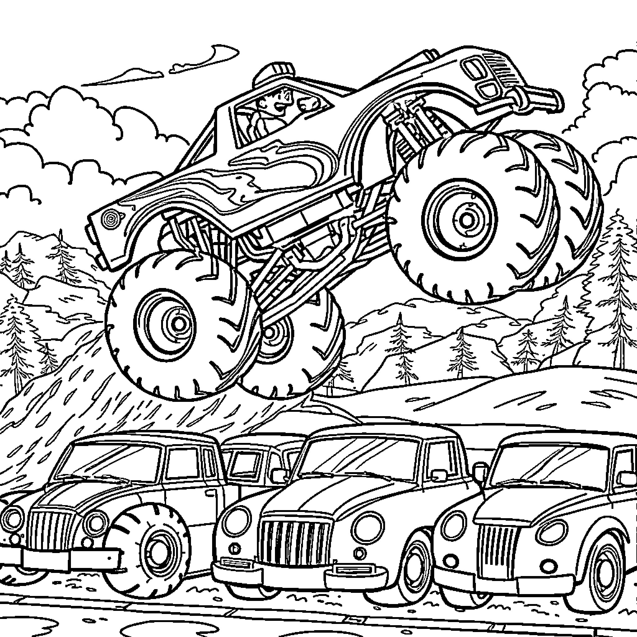 Monster Truck crushing cars in an off-road adventure Coloring Page (free black-and-white line drawing printable PDF for all, from beginners to advanced learners, including children, teens, adults, and seniors)