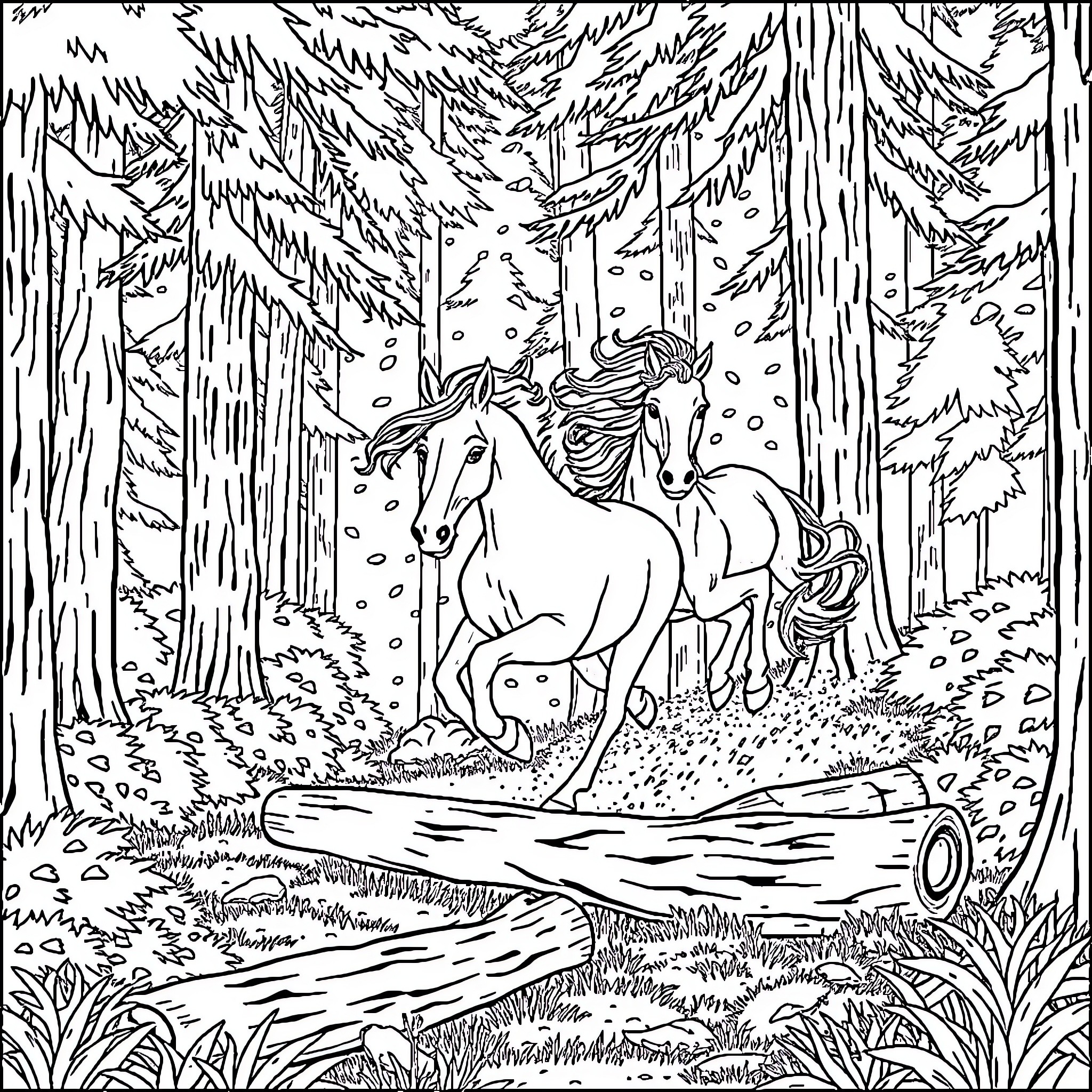 Spirit in the Enchanted Forest Coloring Page (free black-and-white line drawing printable PDF for all, from beginners to advanced learners, including children, teens, adults, and seniors)