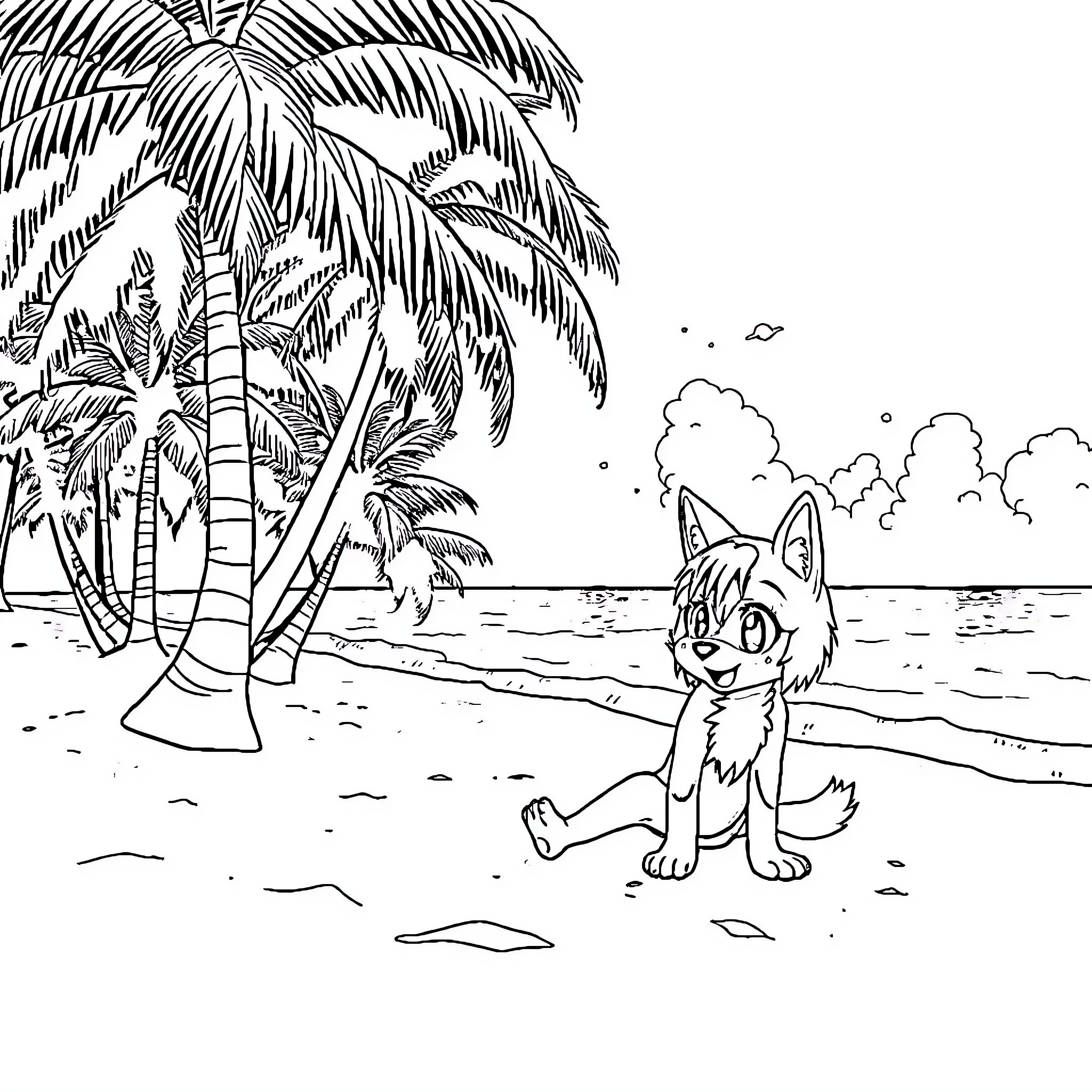 Kuromi playing happily on the beach Coloring Page (free black-and-white line drawing printable PDF for all, from beginners to advanced learners, including children, teens, adults, and seniors)