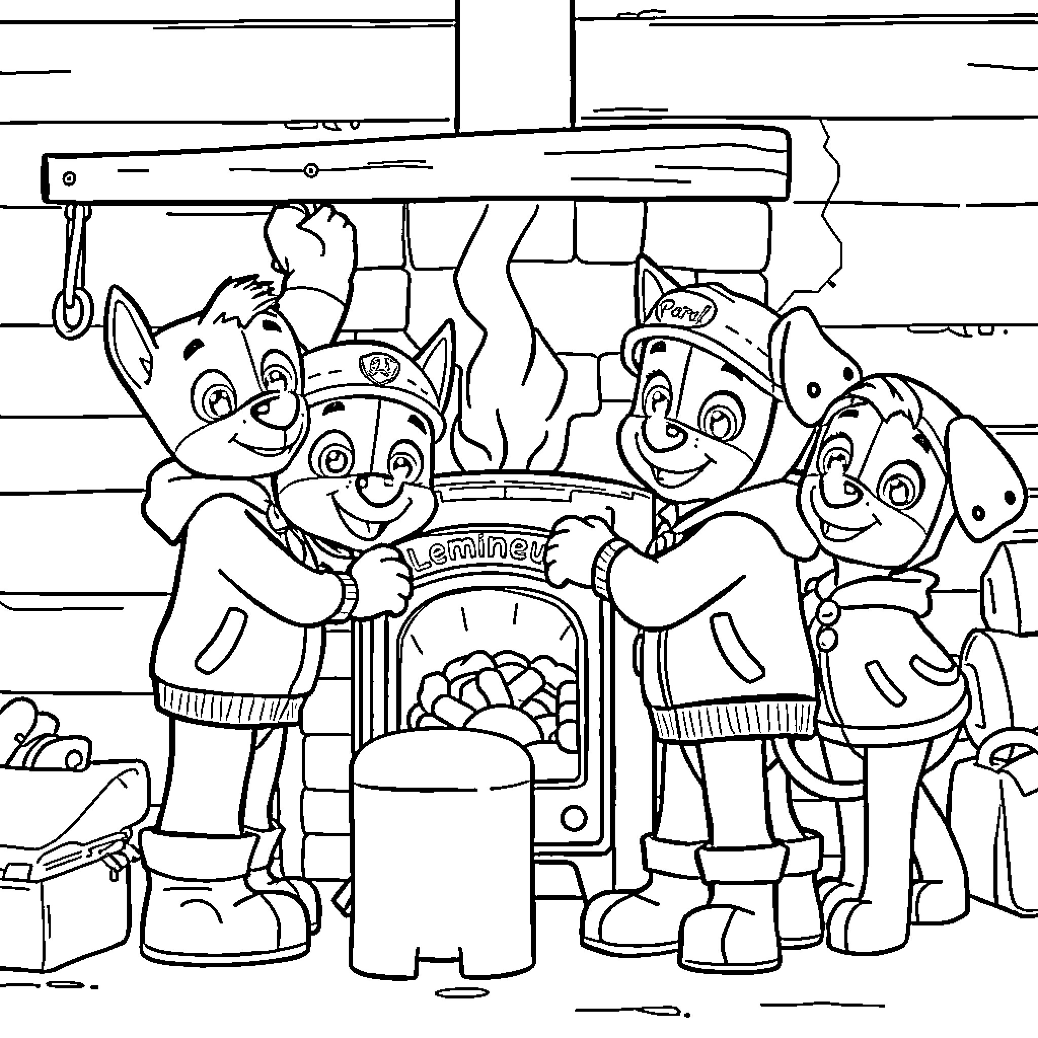 Paw Patrol Team Gathering Around a Fireplace Coloring Page (free black-and-white line drawing printable PDF for all, from beginners to advanced learners, including children, teens, adults, and seniors)