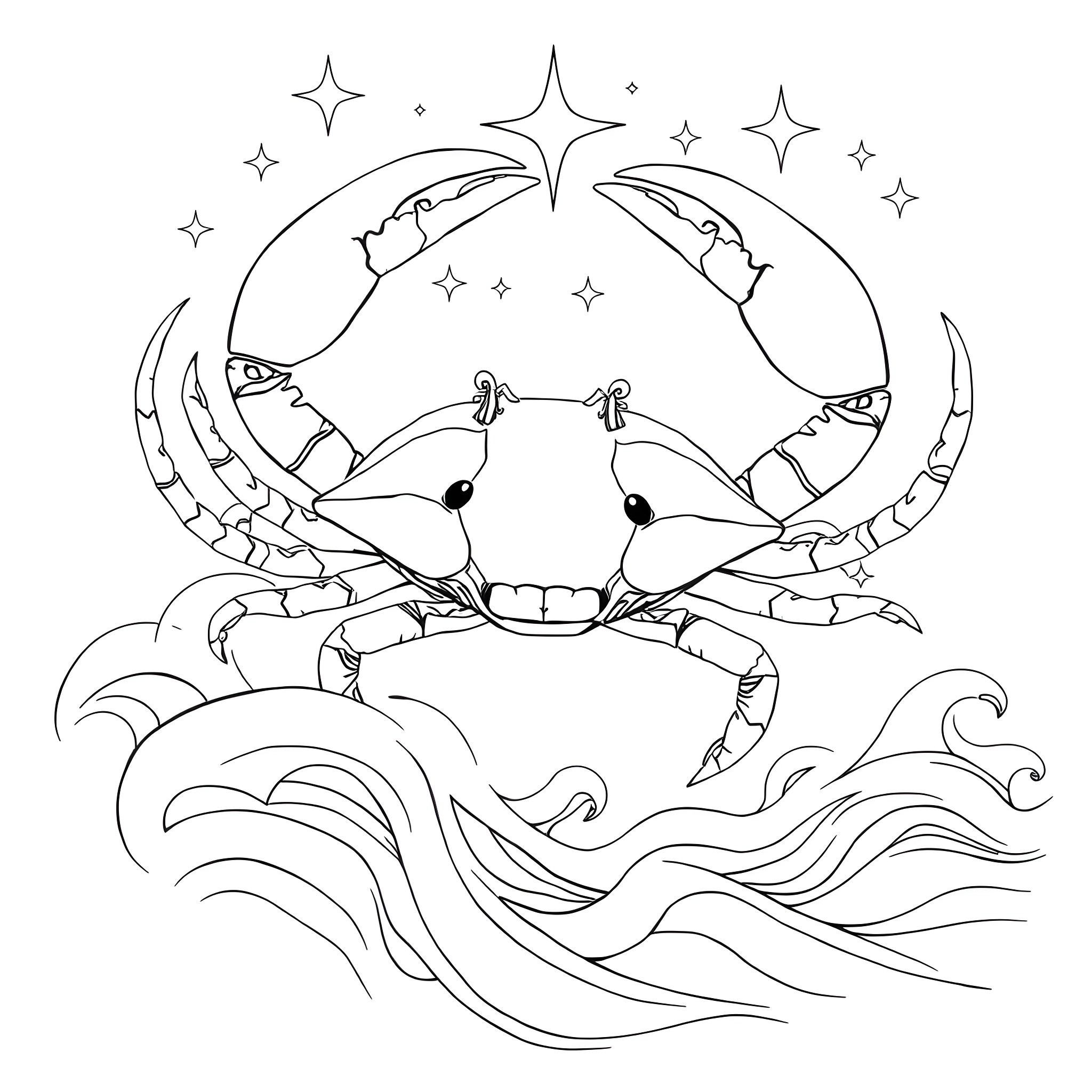 Cancer crab under the starry night sky Coloring Page (free black-and-white line drawing printable PDF for all, from beginners to advanced learners, including children, teens, adults, and seniors)