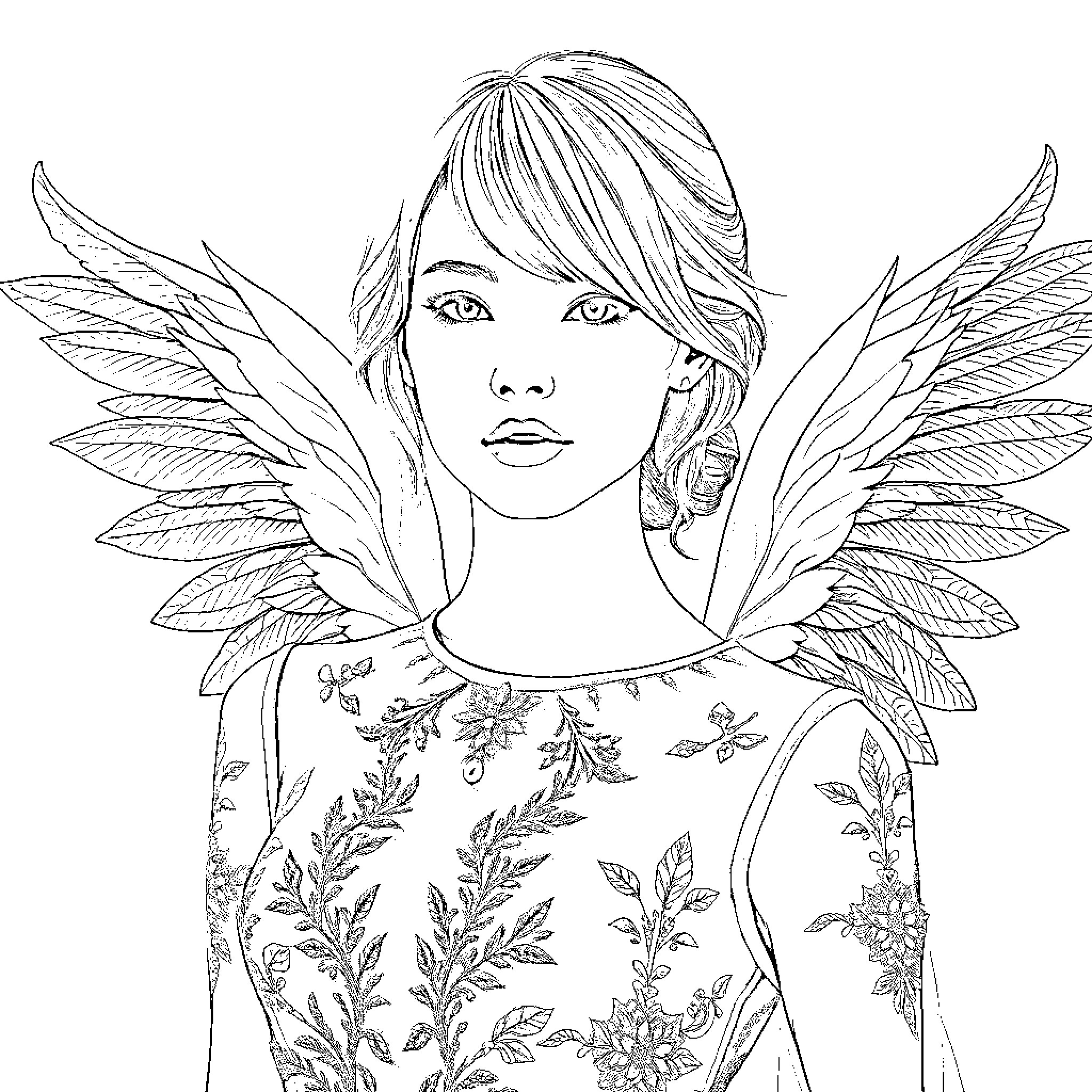 Angel with floral dress and wings Coloring Page (free black-and-white line drawing printable PDF for all, from beginners to advanced learners, including children, teens, adults, and seniors)