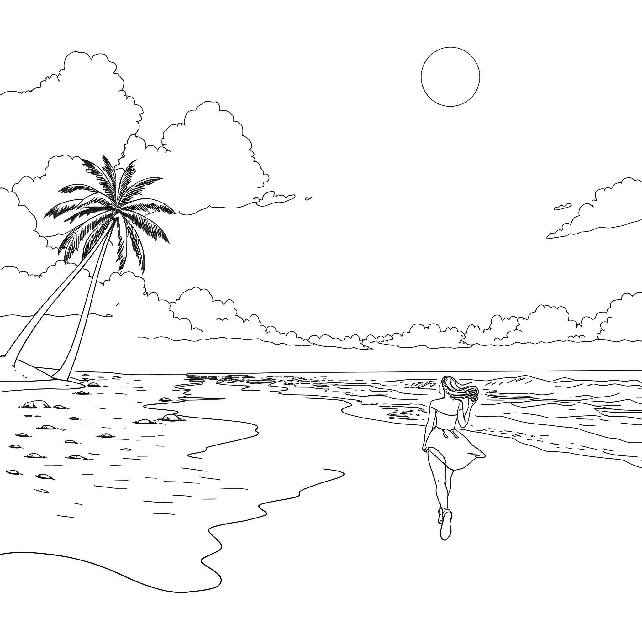 Sydney Sweeney enjoying a peaceful beach day Coloring Page (free black-and-white line drawing printable PDF for all, from beginners to advanced learners, including children, teens, adults, and seniors)