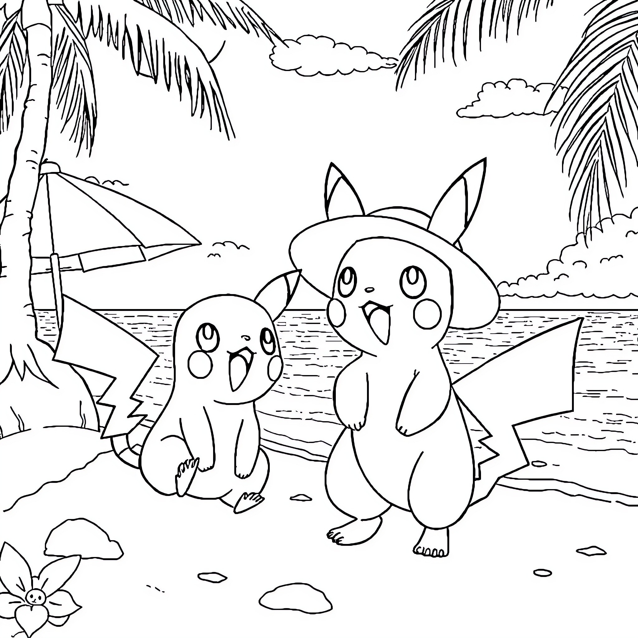 Pokémon enjoying a day at the beach Coloring Page (free black-and-white line drawing printable PDF for all, from beginners to advanced learners, including children, teens, adults, and seniors)