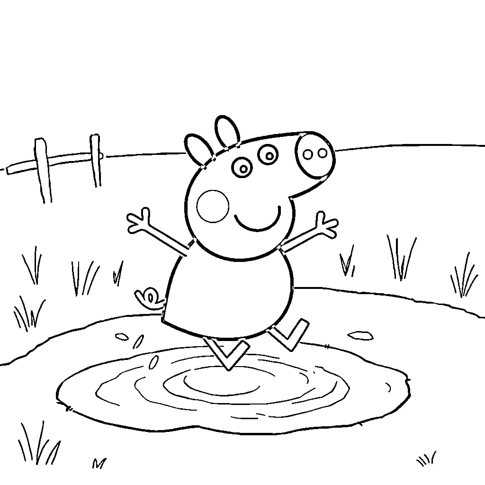 Peppa Pig playing happily in the mud puddle Coloring Page (free black-and-white line drawing printable PDF for all, from beginners to advanced learners, including children, teens, adults, and seniors)
