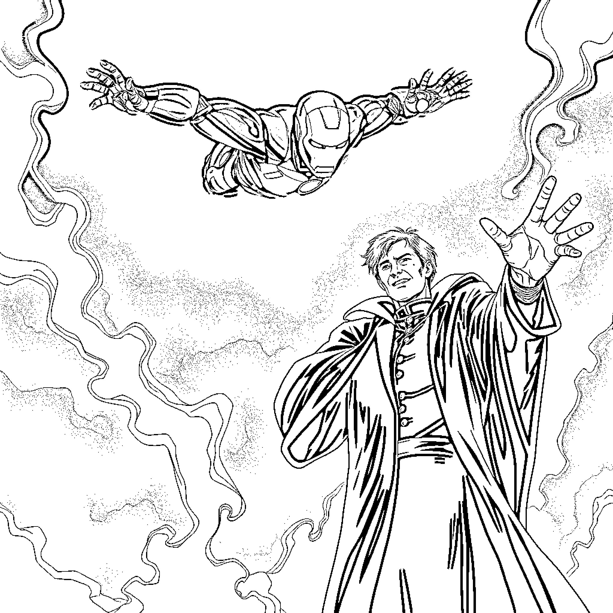 Voldemort's Fearsome Encounter with the Heroic Iron Man Coloring Page (free black-and-white line drawing printable PDF for all, from beginners to advanced learners, including children, teens, adults, and seniors)
