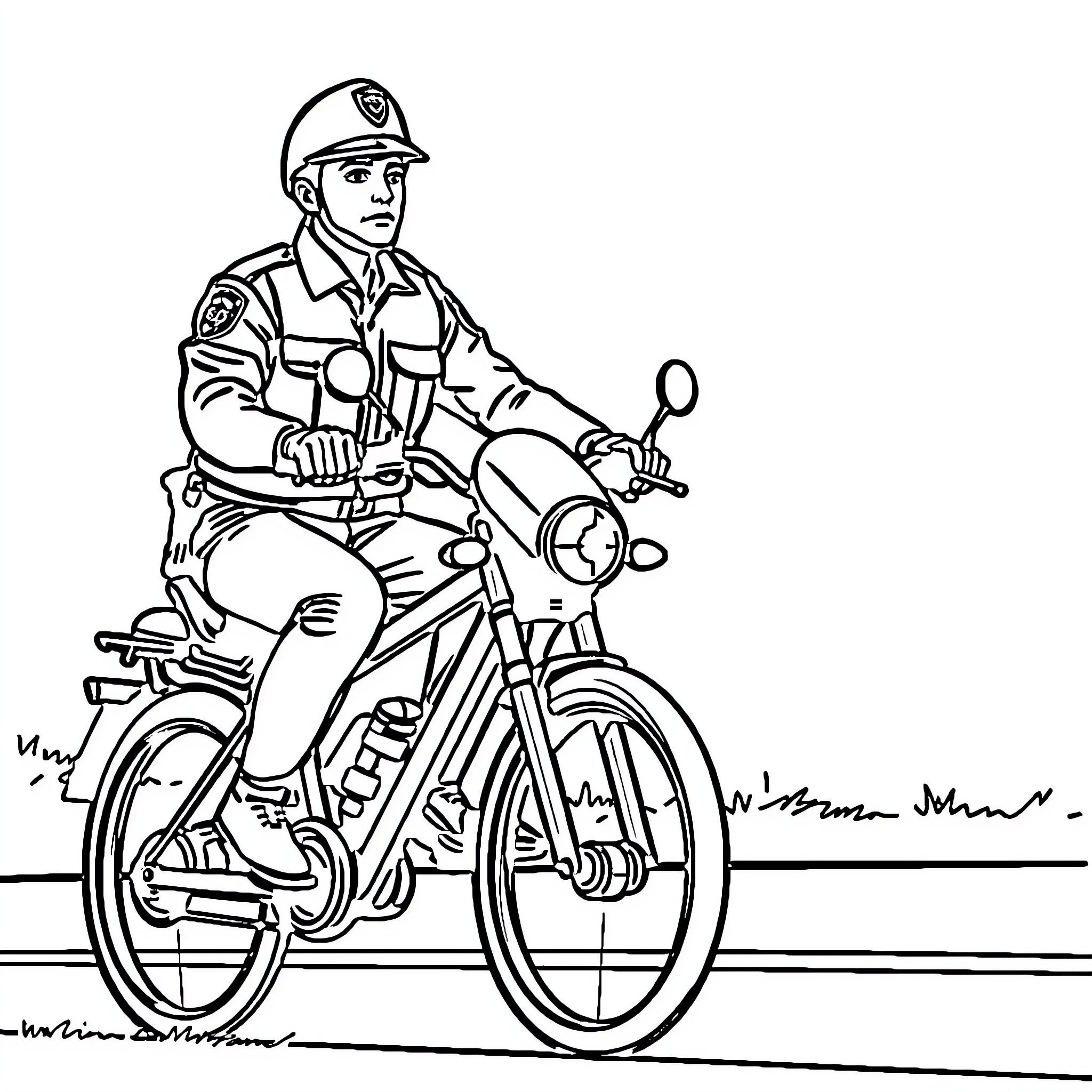 Police Officer Riding Motorcycle on Patrol Coloring Page (free black-and-white line drawing printable PDF for all, from beginners to advanced learners, including children, teens, adults, and seniors)