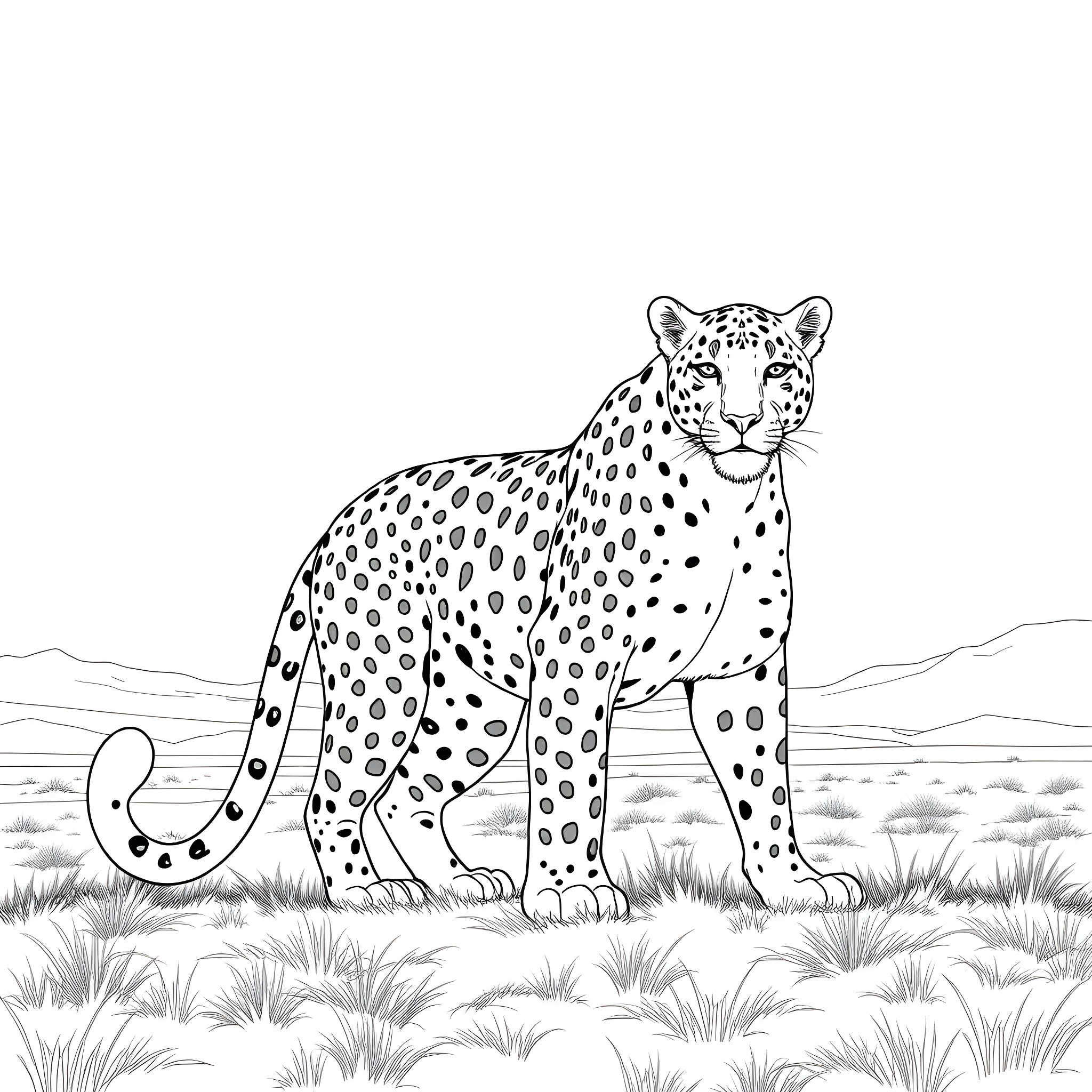 Leopard stalking through the grasslands Coloring Page (free black-and-white line drawing printable PDF for all, from beginners to advanced learners, including children, teens, adults, and seniors)