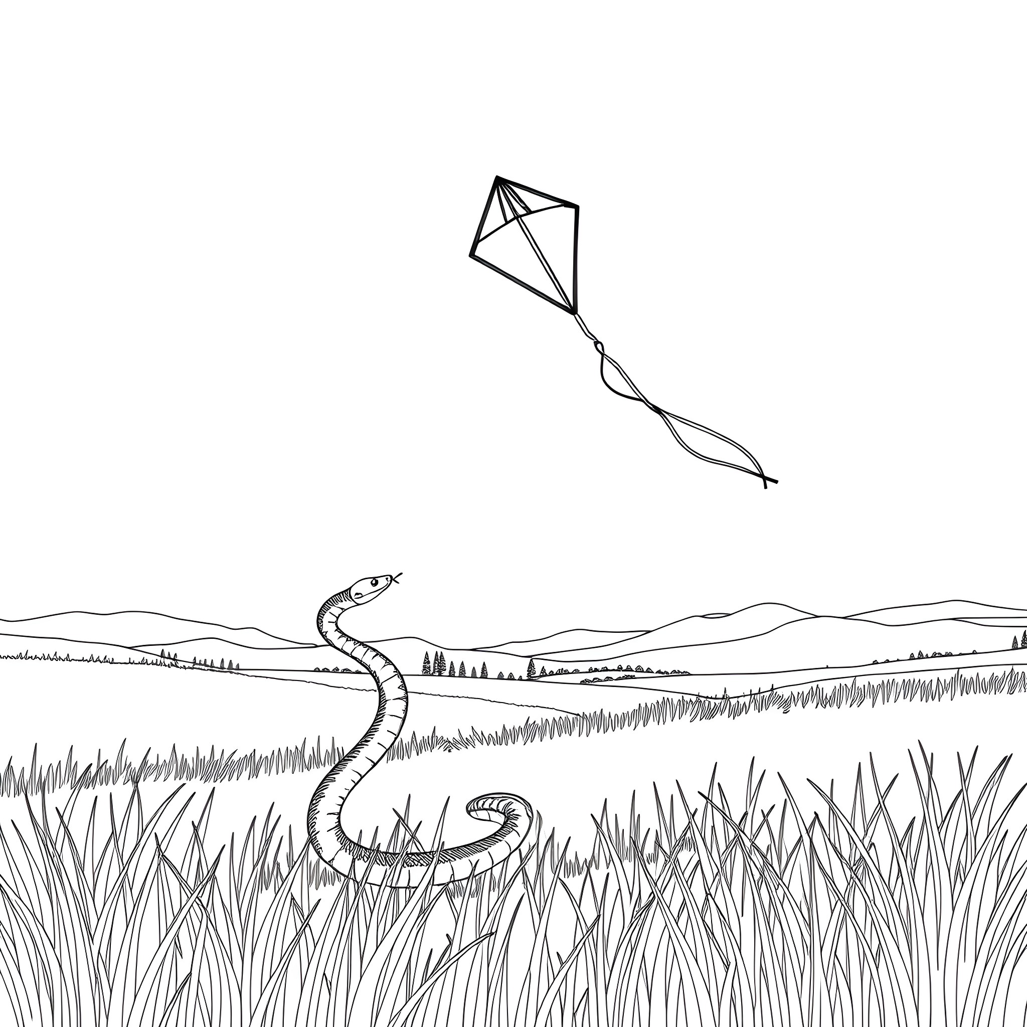 Snake slithering in the grassy field with kite flying overhead Coloring Page (free black-and-white line drawing printable PDF for all, from beginners to advanced learners, including children, teens, adults, and seniors)