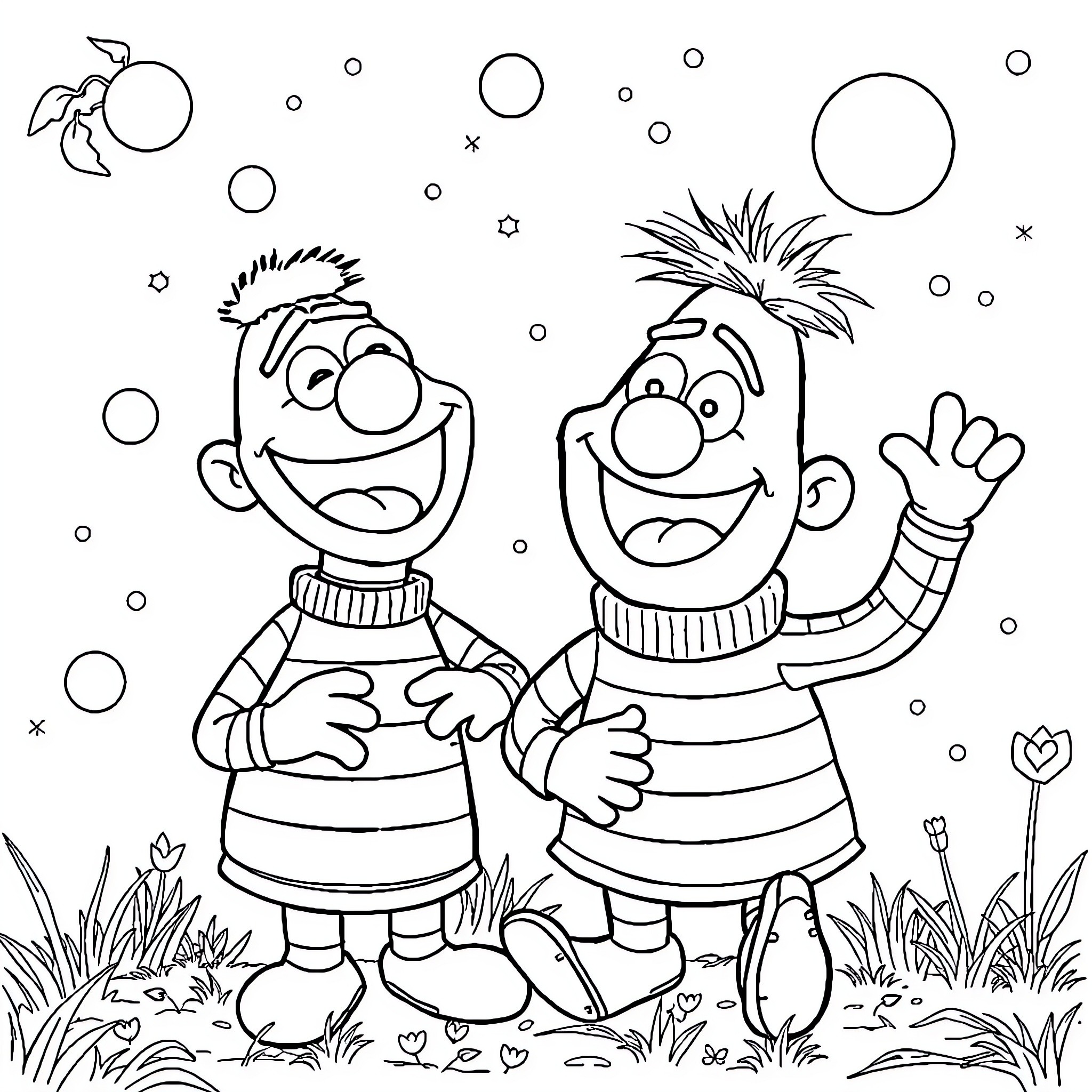 Bert and Ernie playing happily in the park Coloring Page (free black-and-white line drawing printable PDF for all, from beginners to advanced learners, including children, teens, adults, and seniors)