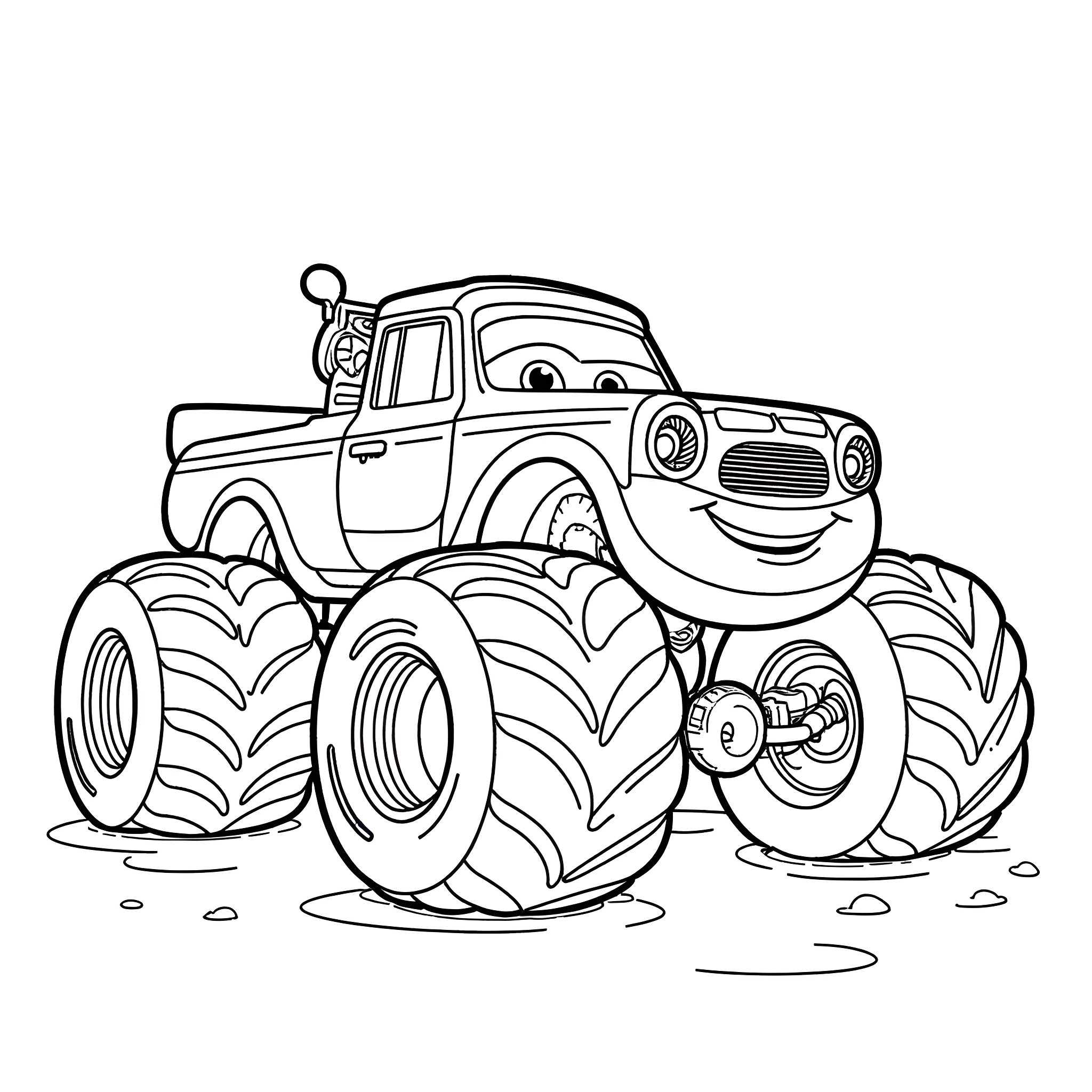 Monster Truck Crushing Rocks and Smiling Coloring Page (free black-and-white line drawing printable PDF for all, from beginners to advanced learners, including children, teens, adults, and seniors)