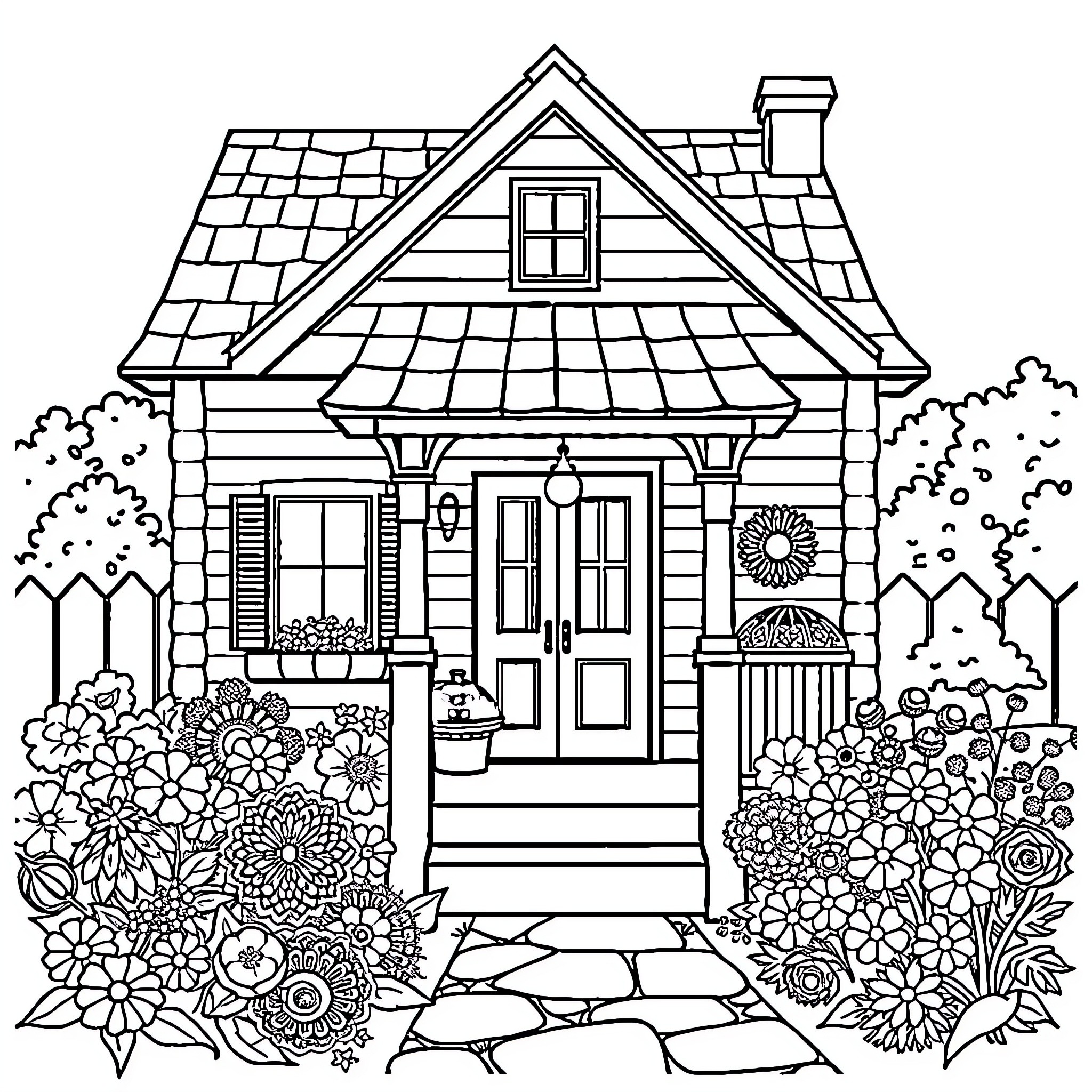 House with Flower Garden and Pathway Coloring Page (free black-and-white line drawing printable PDF for all, from beginners to advanced learners, including children, teens, adults, and seniors)