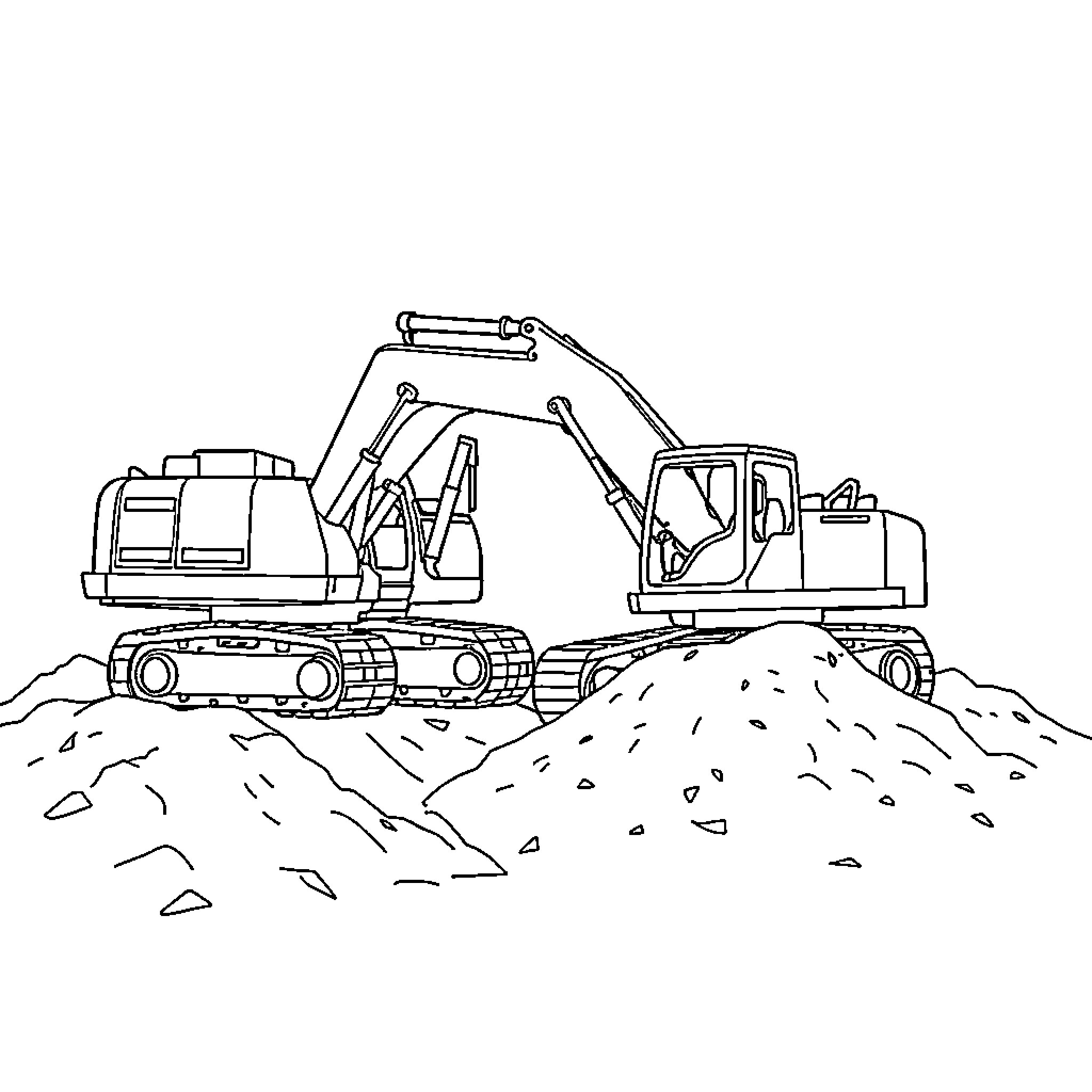 Excavator operating on construction site Coloring Page (free black-and-white line drawing printable PDF for all, from beginners to advanced learners, including children, teens, adults, and seniors)