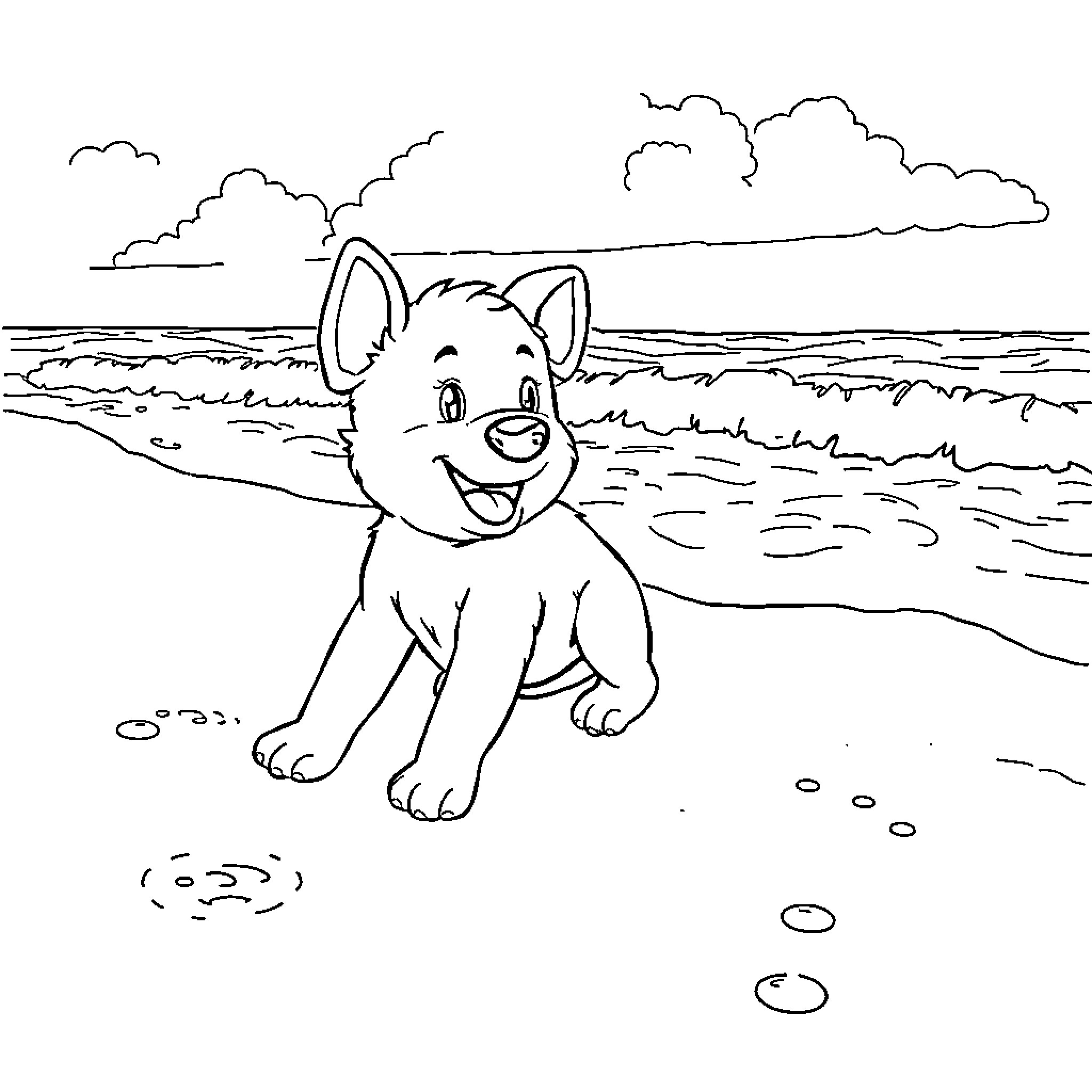 Bluey playing happily on the beach Coloring Page (free black-and-white line drawing printable PDF for all, from beginners to advanced learners, including children, teens, adults, and seniors)