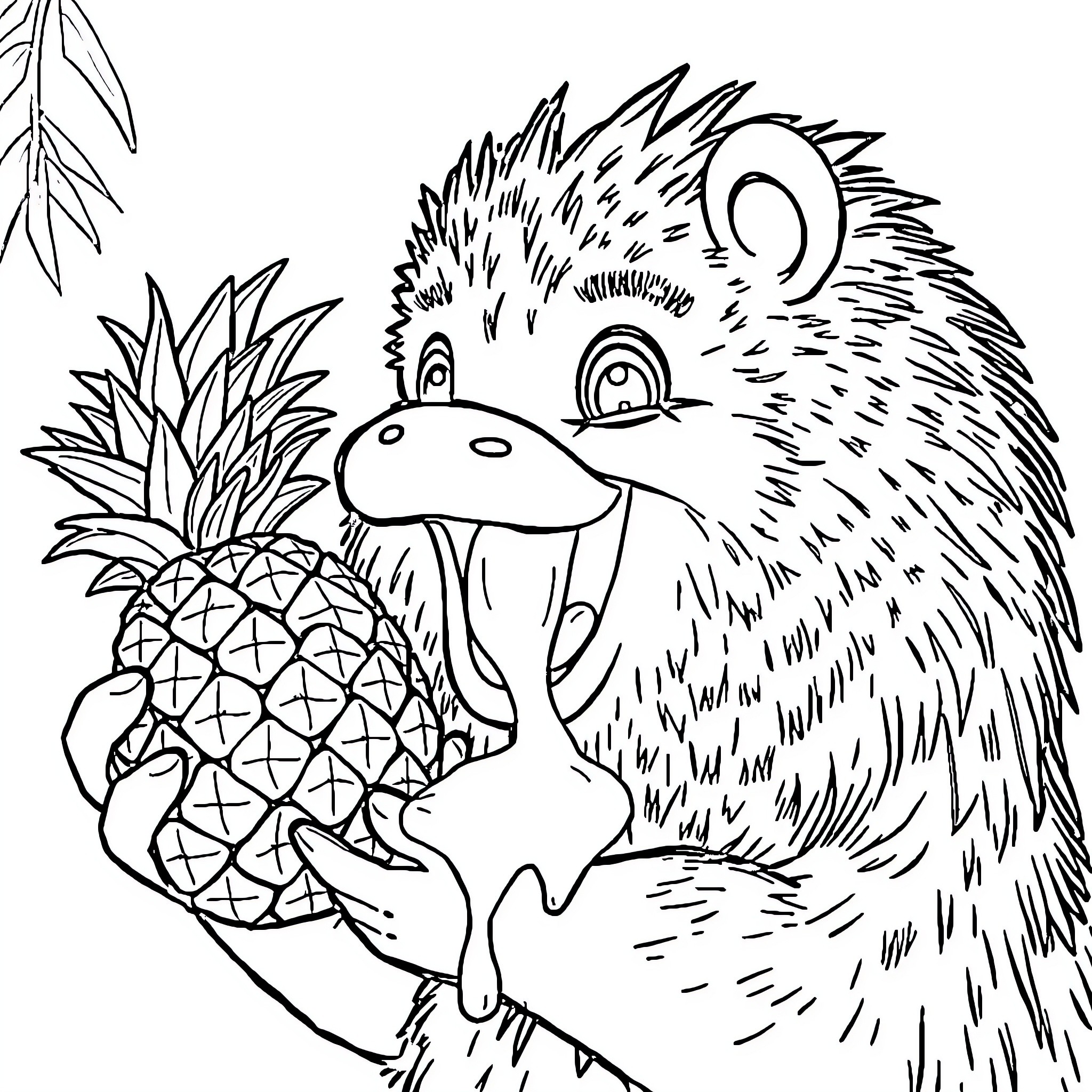 Labubu holding a pineapple happily Coloring Page (free black-and-white line drawing printable PDF for all, from beginners to advanced learners, including children, teens, adults, and seniors)