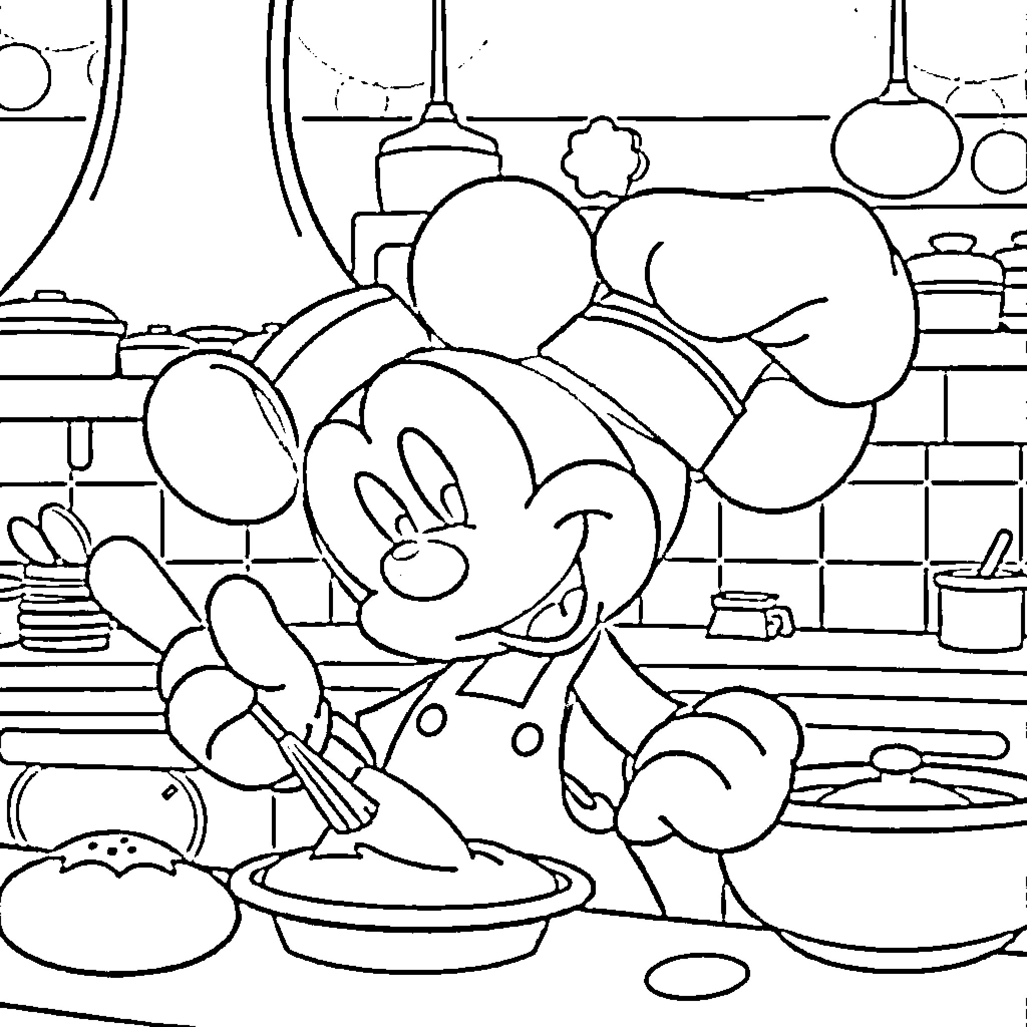 Mickey Mouse baking happily in the kitchen Coloring Page (free black-and-white line drawing printable PDF for all, from beginners to advanced learners, including children, teens, adults, and seniors)