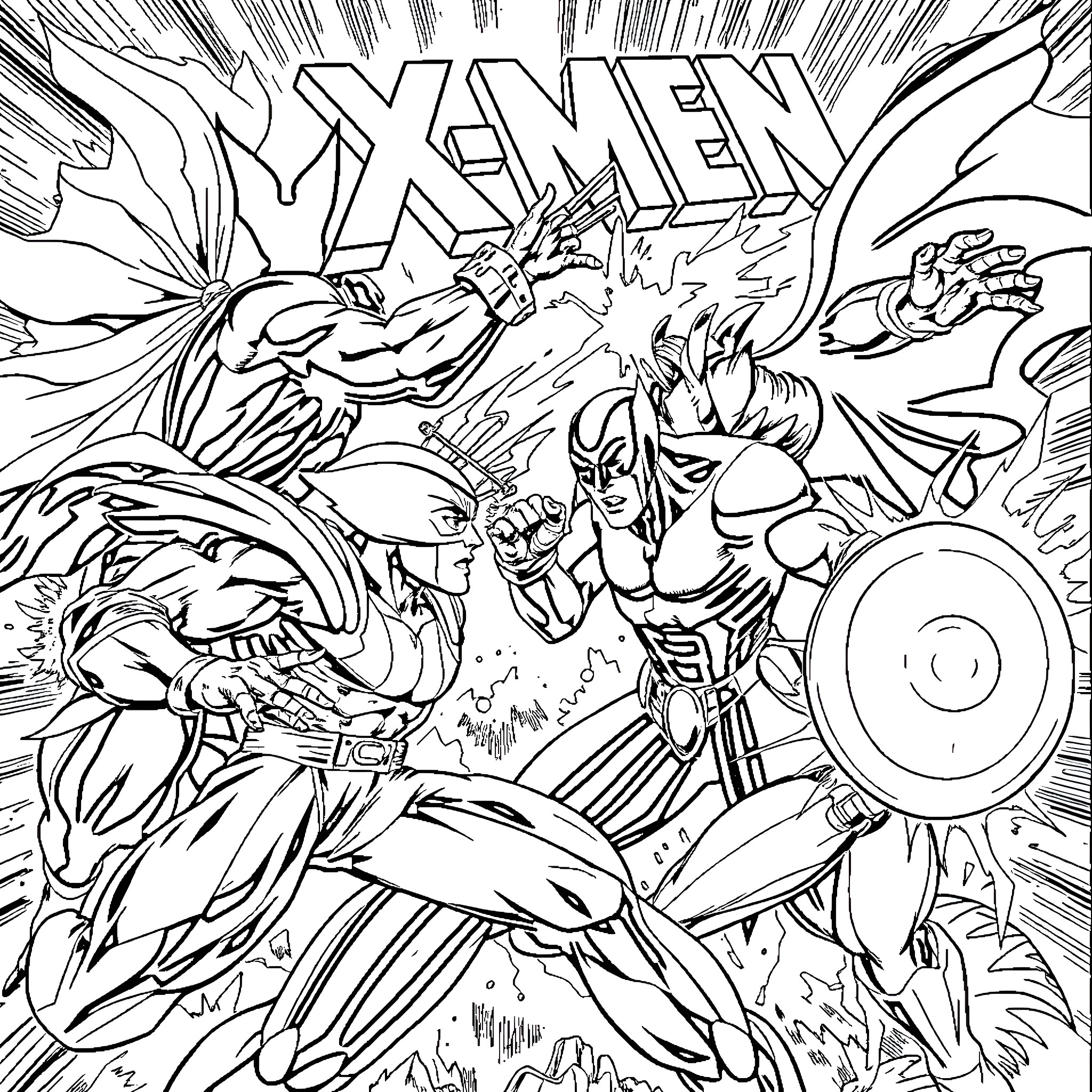X-Men - Epic Superhero Battle Scene Coloring Page (free black-and-white line drawing printable PDF for all, from beginners to advanced learners, including children, teens, adults, and seniors)