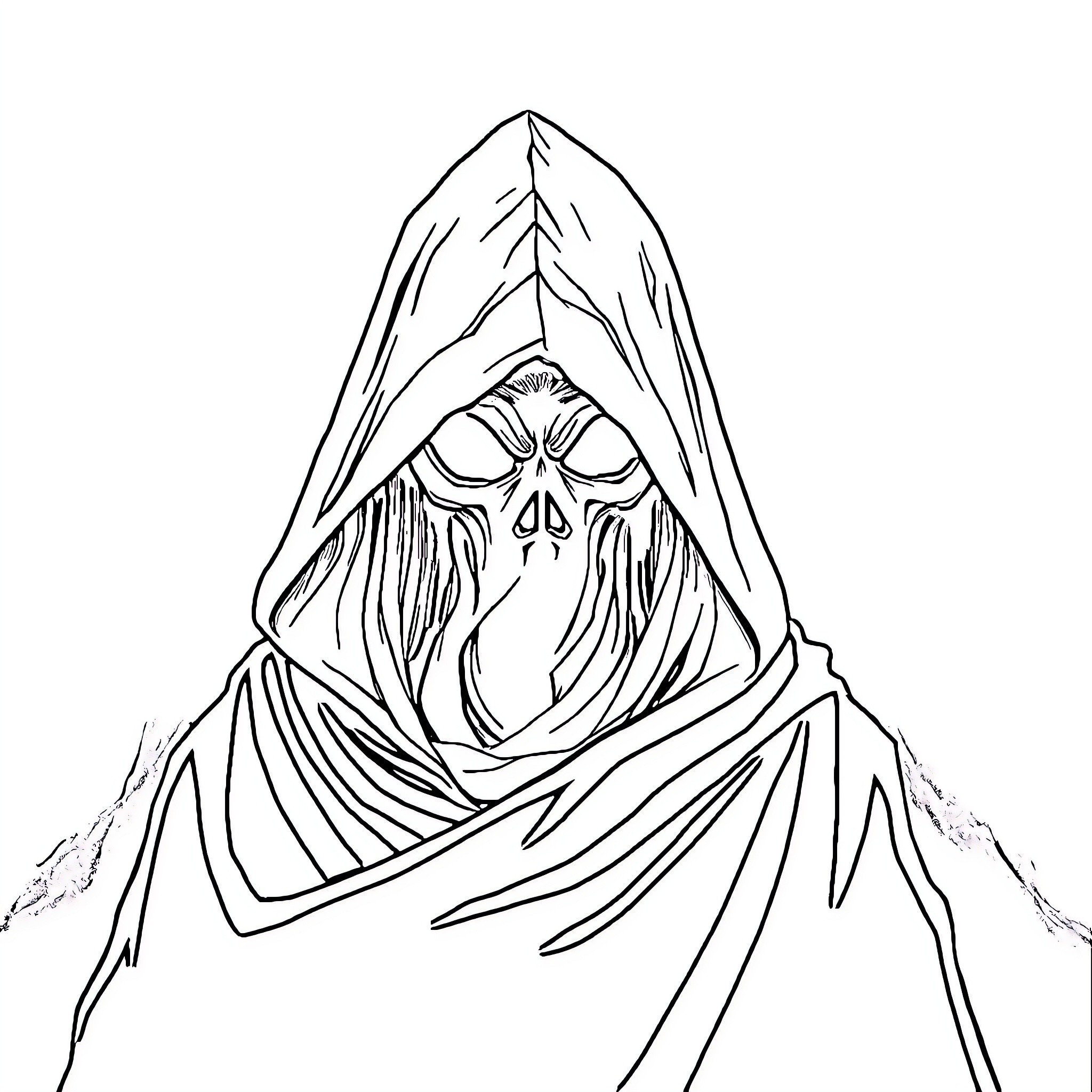 Anomaly: Ominous Cloaked Figure Coloring Page (free black-and-white line drawing printable PDF for all, from beginners to advanced learners, including children, teens, adults, and seniors)