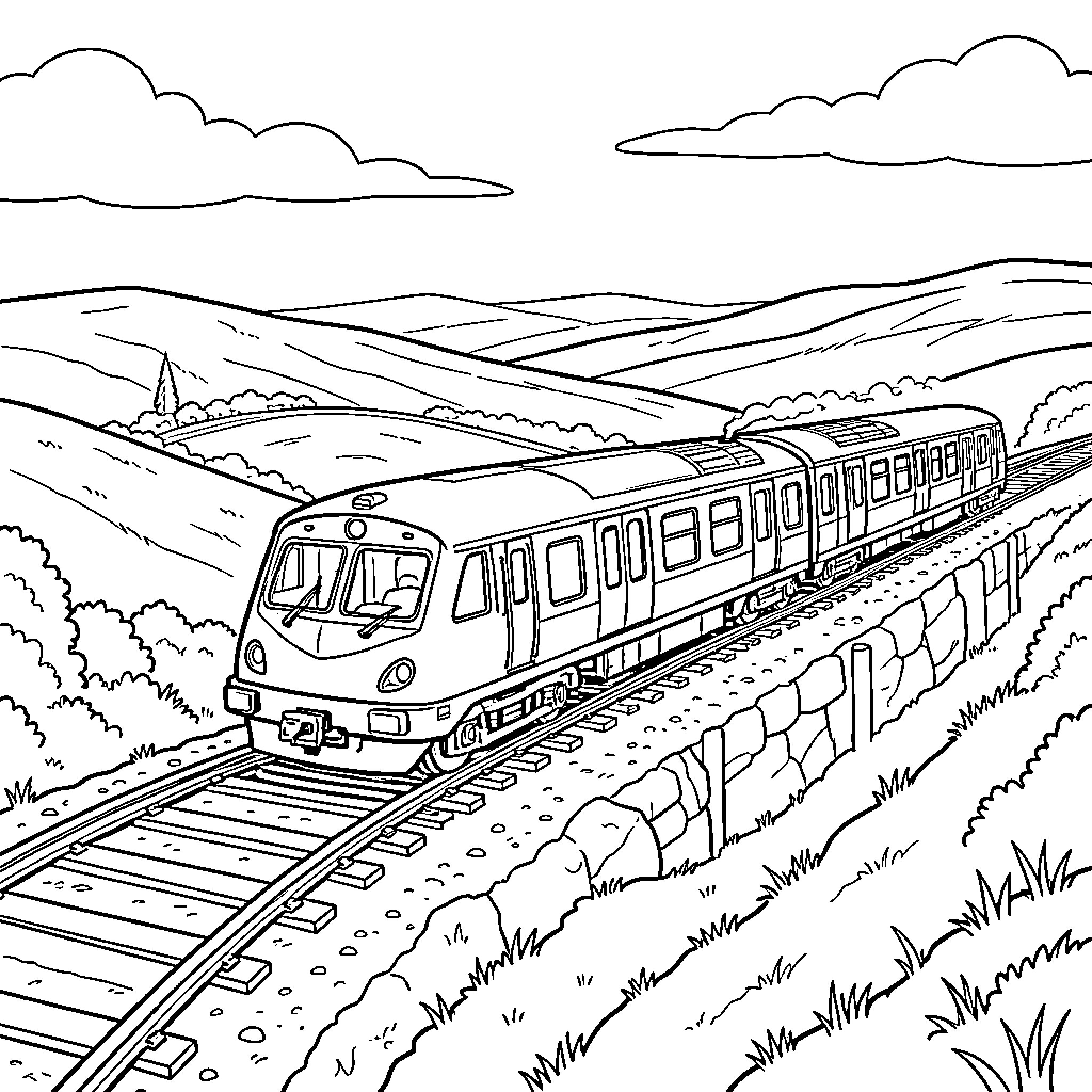 Train traveling through a scenic hilly landscape Coloring Page (free black-and-white line drawing printable PDF for all, from beginners to advanced learners, including children, teens, adults, and seniors)