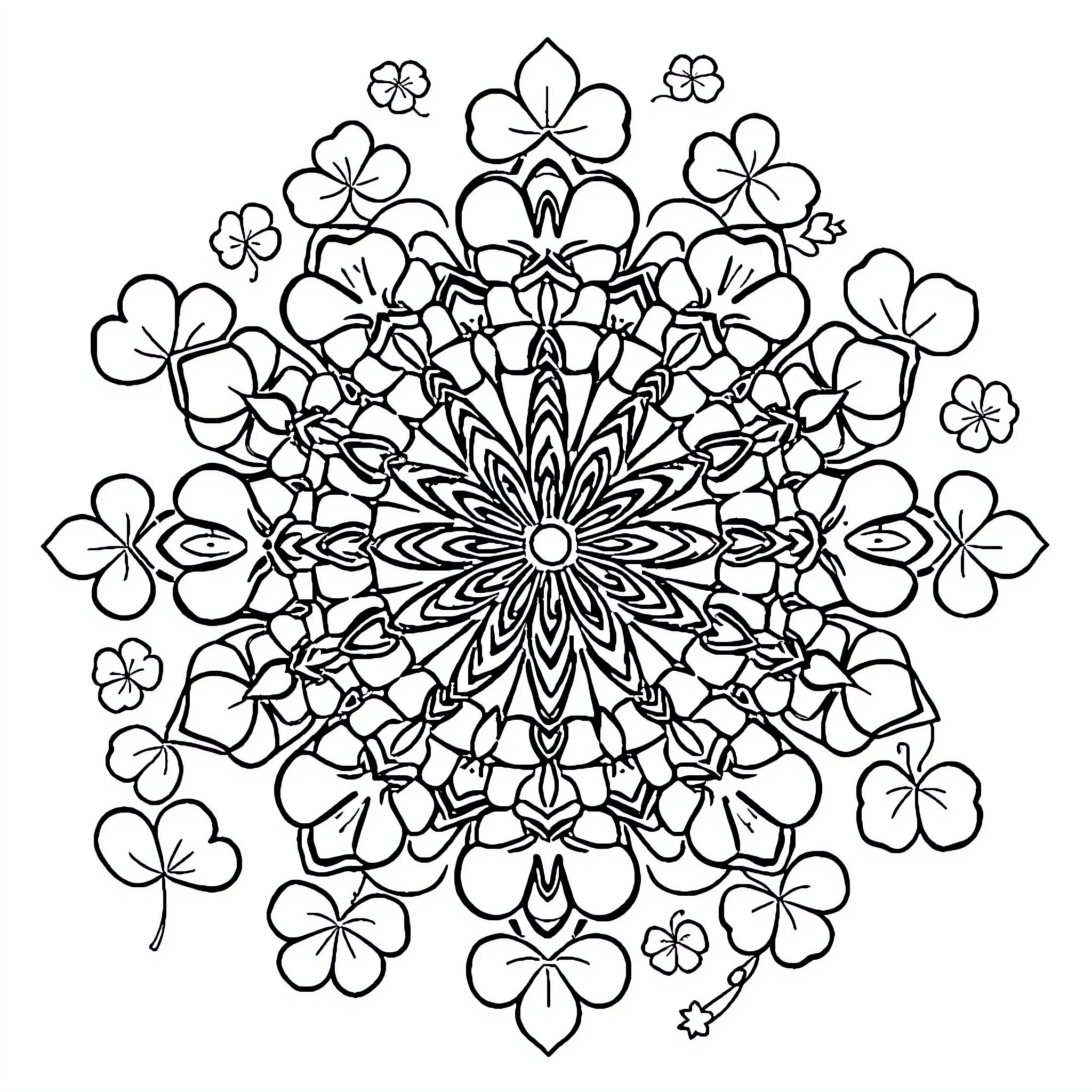 Mandala of Intricate Floral Patterns Coloring Page (free black-and-white line drawing printable PDF for all, from beginners to advanced learners, including children, teens, adults, and seniors)