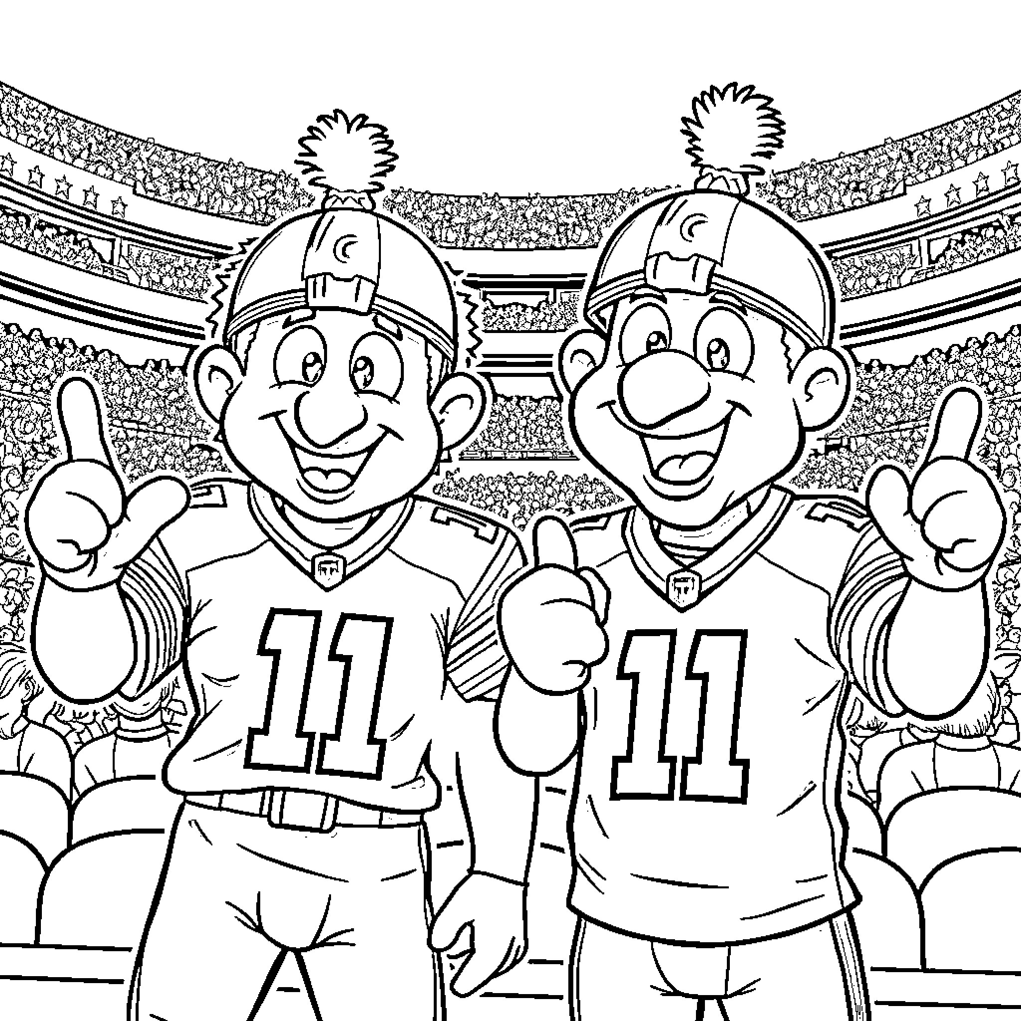 Pinky and the Brain Cheer for Their Team in the Stadium Coloring Page (free black-and-white line drawing printable PDF for all, from beginners to advanced learners, including children, teens, adults, and seniors)