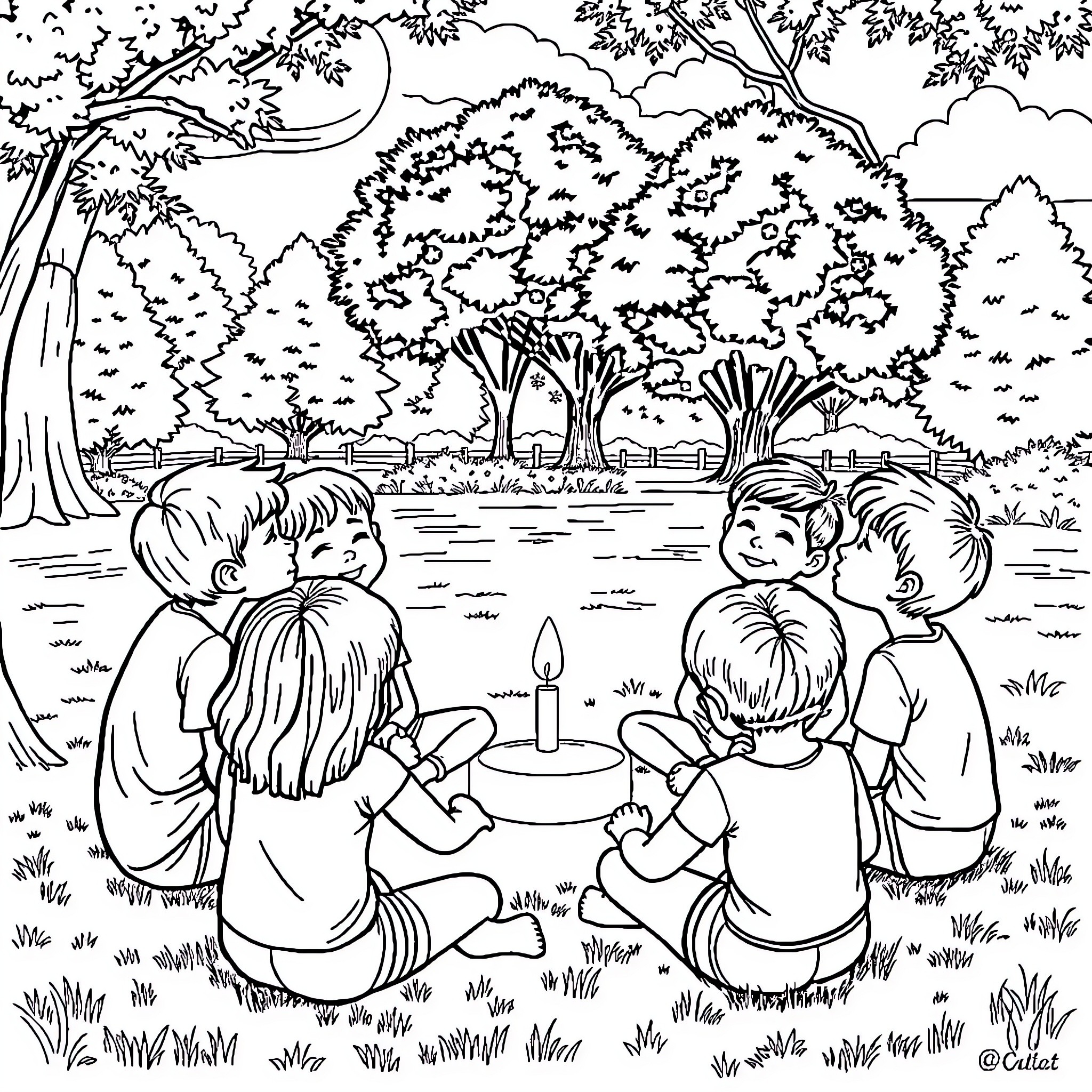 Kids Enjoying a Picnic in the Peaceful Outdoors Coloring Page (free black-and-white line drawing printable PDF for all, from beginners to advanced learners, including children, teens, adults, and seniors)
