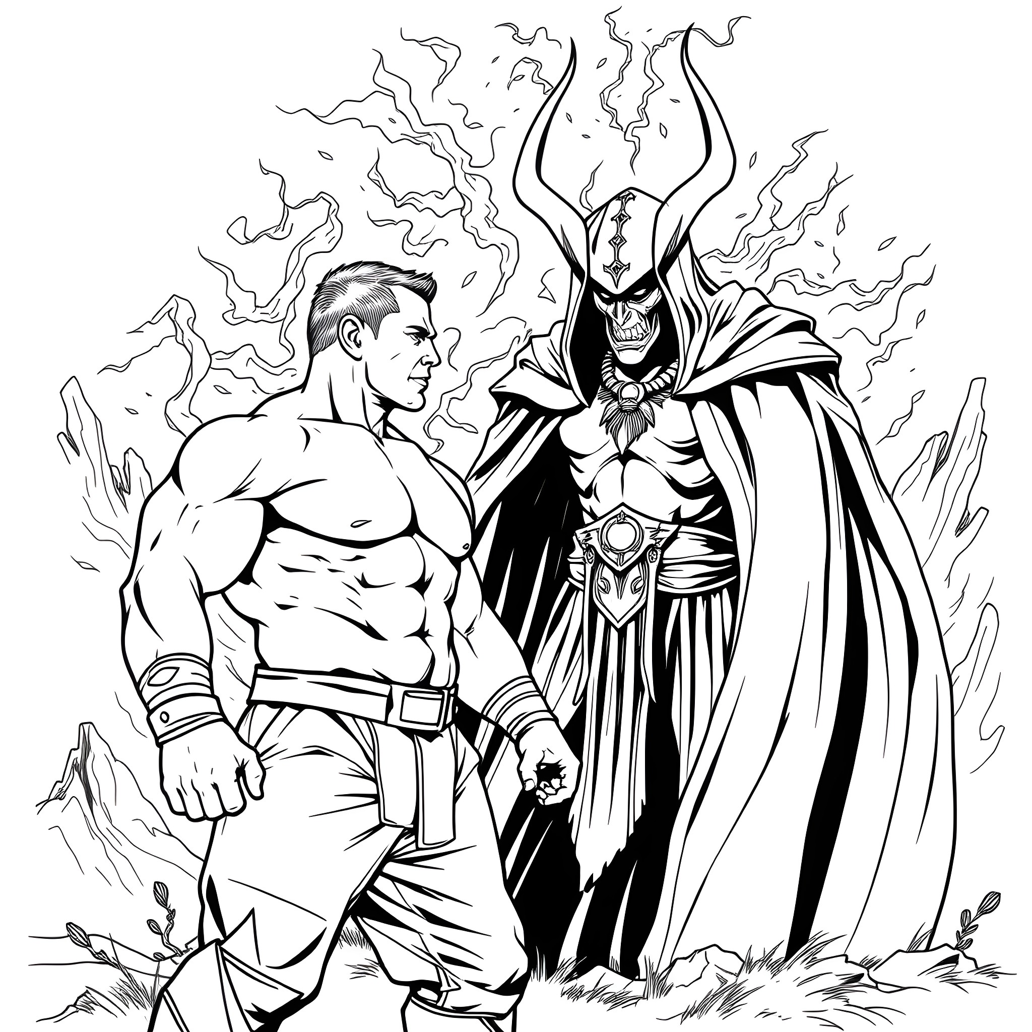 John Cena confronting a powerful mystical villain Coloring Page (free black-and-white line drawing printable PDF for all, from beginners to advanced learners, including children, teens, adults, and seniors)