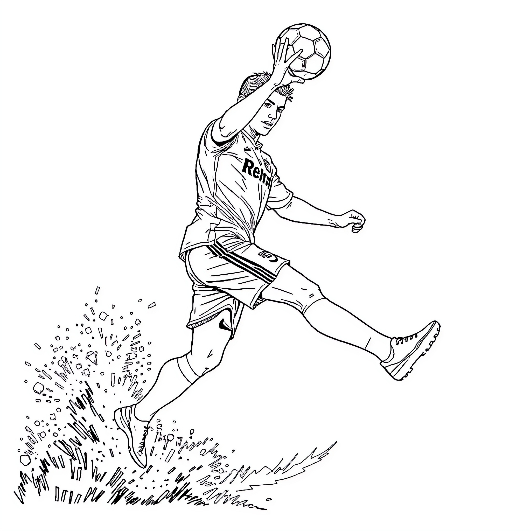 Cristiano Ronaldo scoring a goal with dynamic action Coloring Page (free black-and-white line drawing printable PDF for all, from beginners to advanced learners, including children, teens, adults, and seniors)