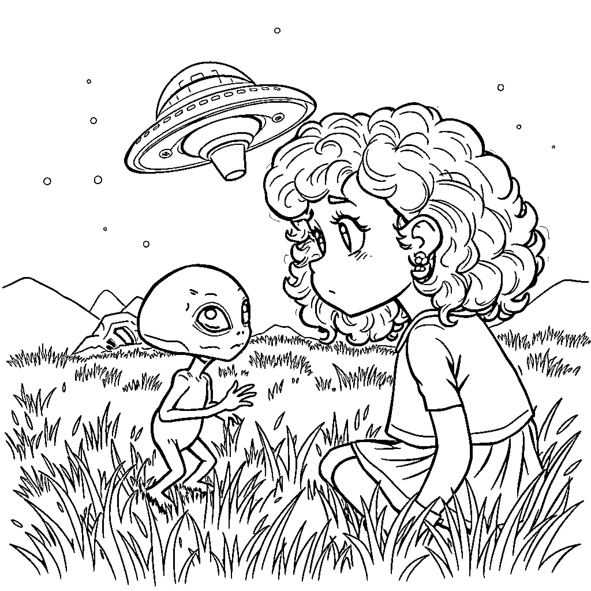 Girl Encounters Curious Alien in Grassy Field Coloring Page (free black-and-white line drawing printable PDF for all, from beginners to advanced learners, including children, teens, adults, and seniors)