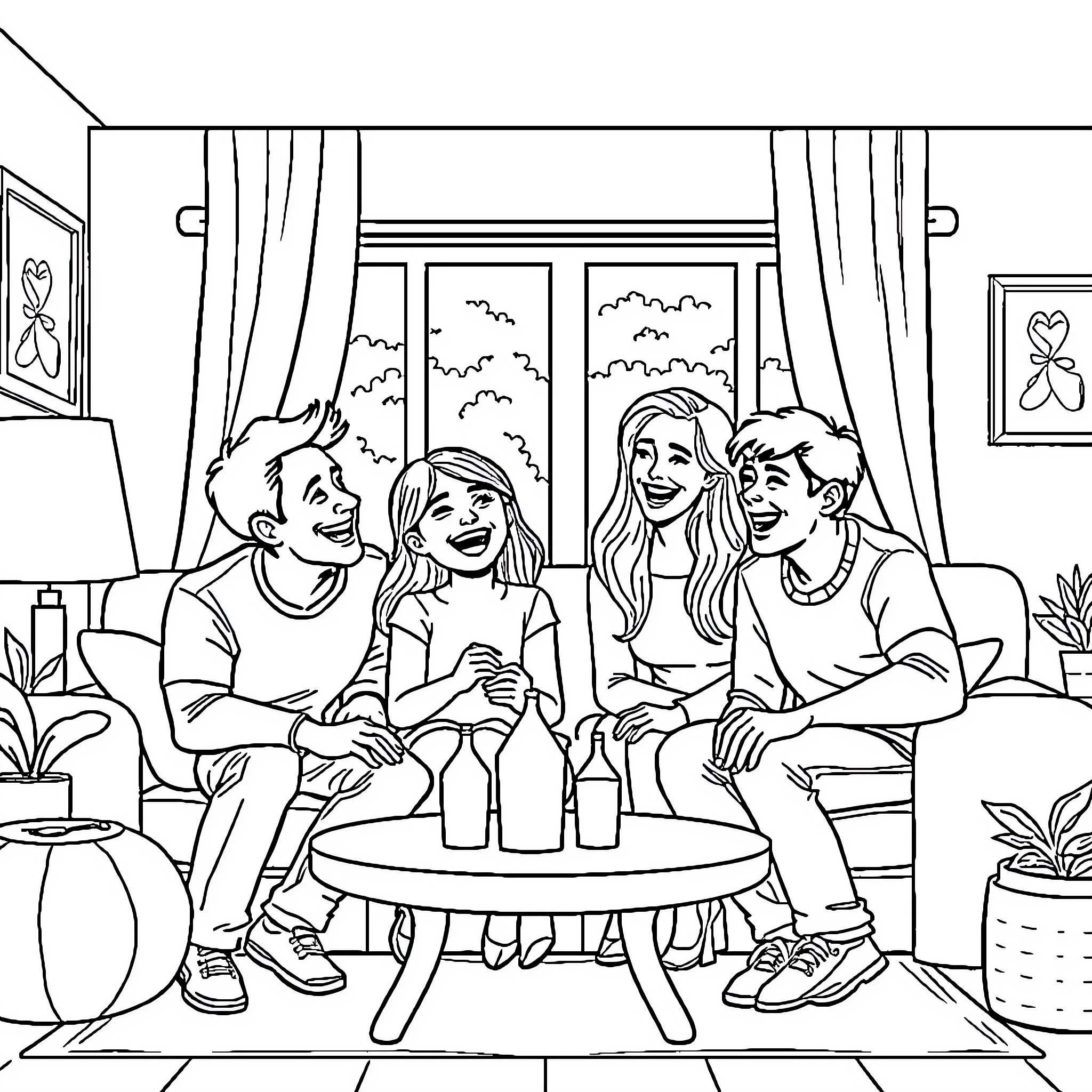 Family enjoying a cozy indoor gathering Coloring Page (free black-and-white line drawing printable PDF for all, from beginners to advanced learners, including children, teens, adults, and seniors)