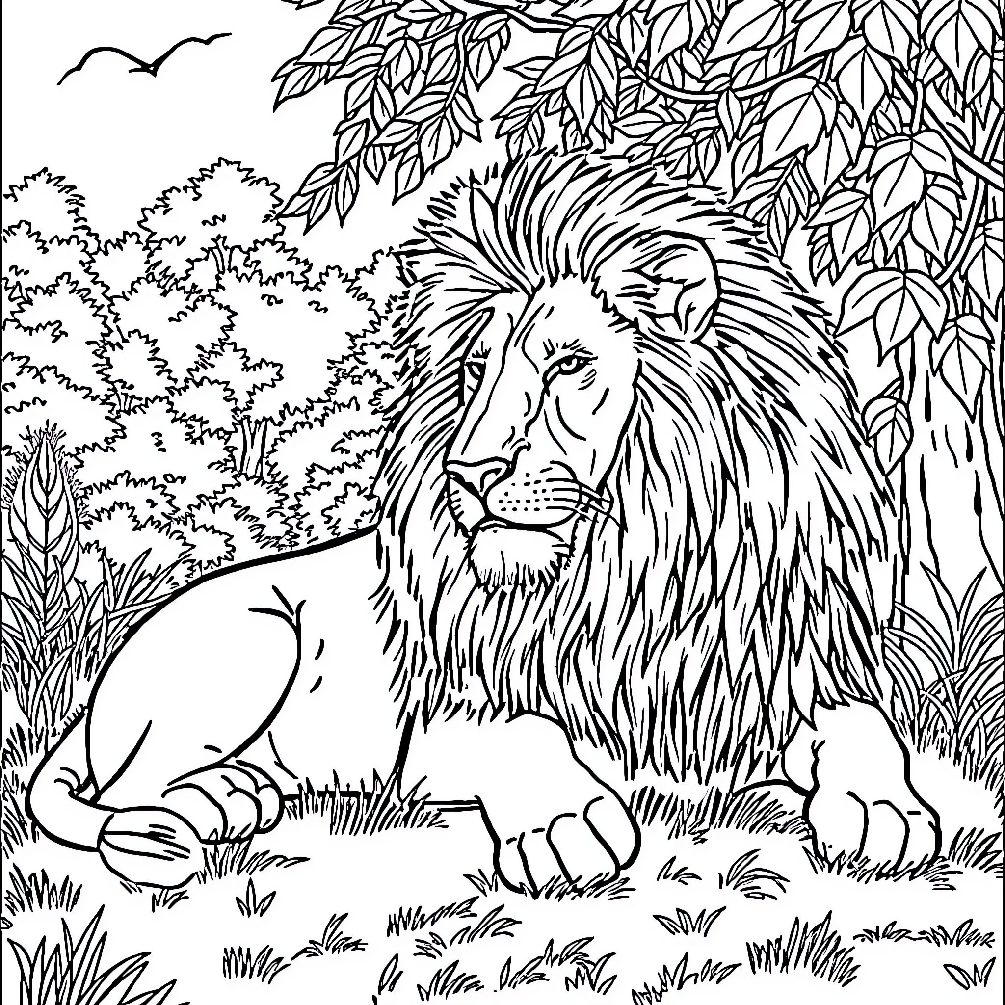 Lion resting peacefully in the natural landscape Coloring Page (free black-and-white line drawing printable PDF for all, from beginners to advanced learners, including children, teens, adults, and seniors)