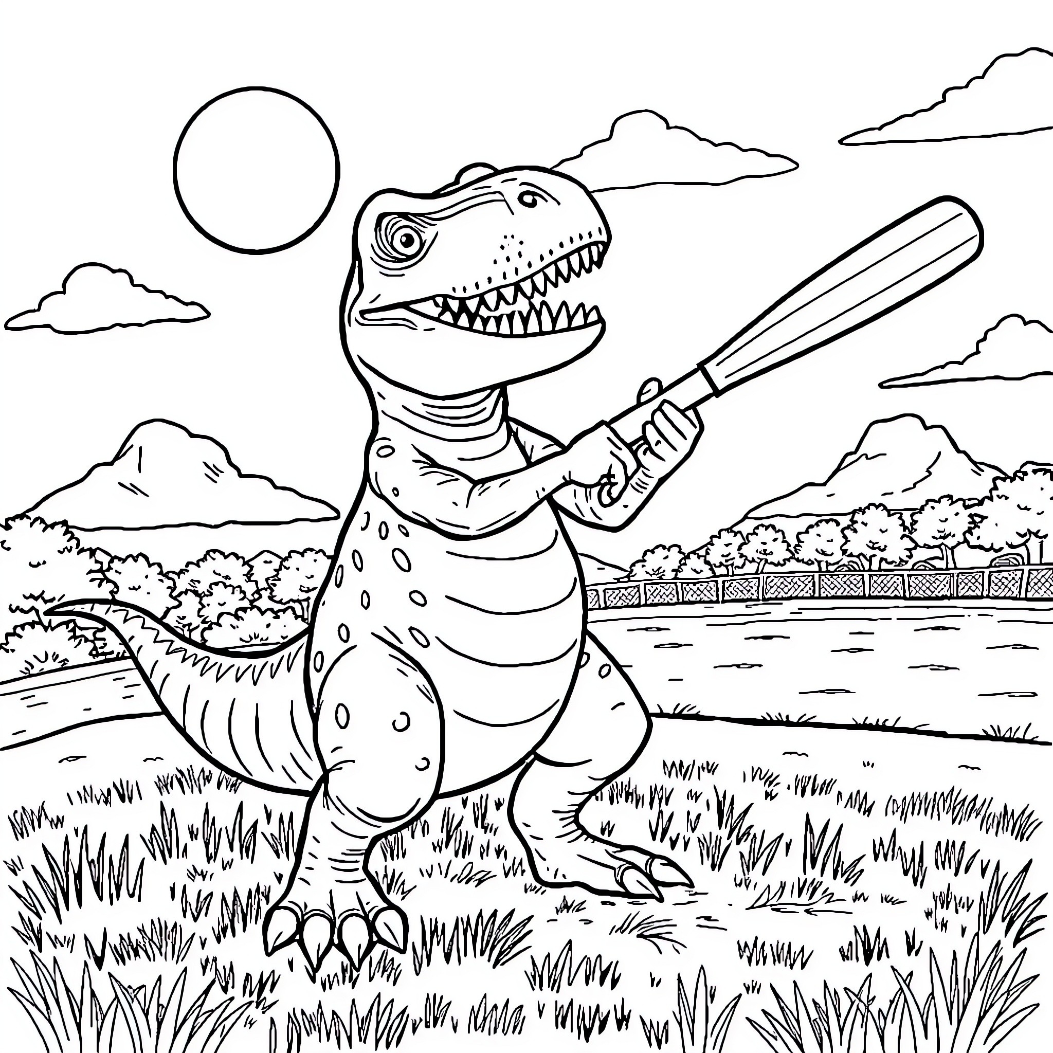 Trex playing baseball in the park Coloring Page (free black-and-white line drawing printable PDF for all, from beginners to advanced learners, including children, teens, adults, and seniors)