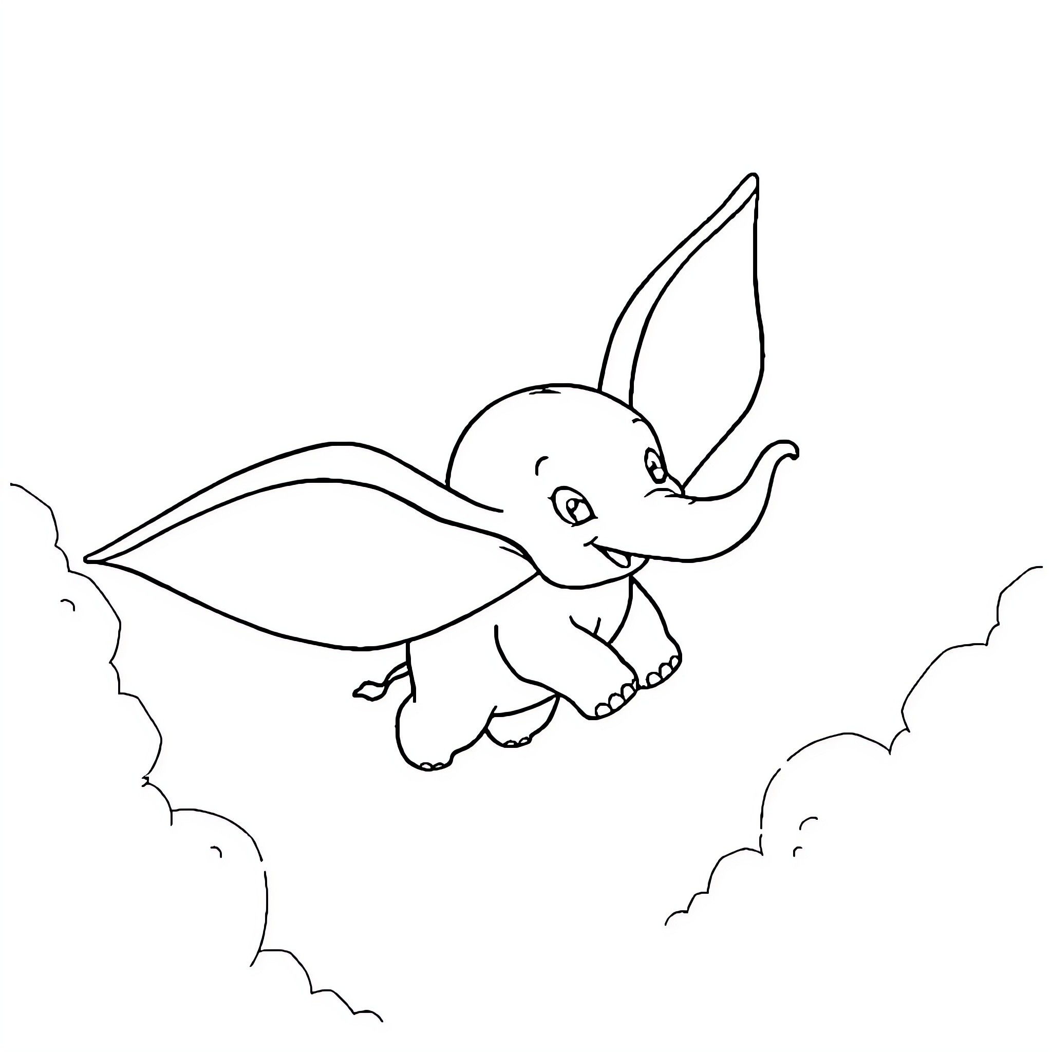 Dumbo the Elephant Flying Above the Clouds Coloring Page (free black-and-white line drawing printable PDF for all, from beginners to advanced learners, including children, teens, adults, and seniors)