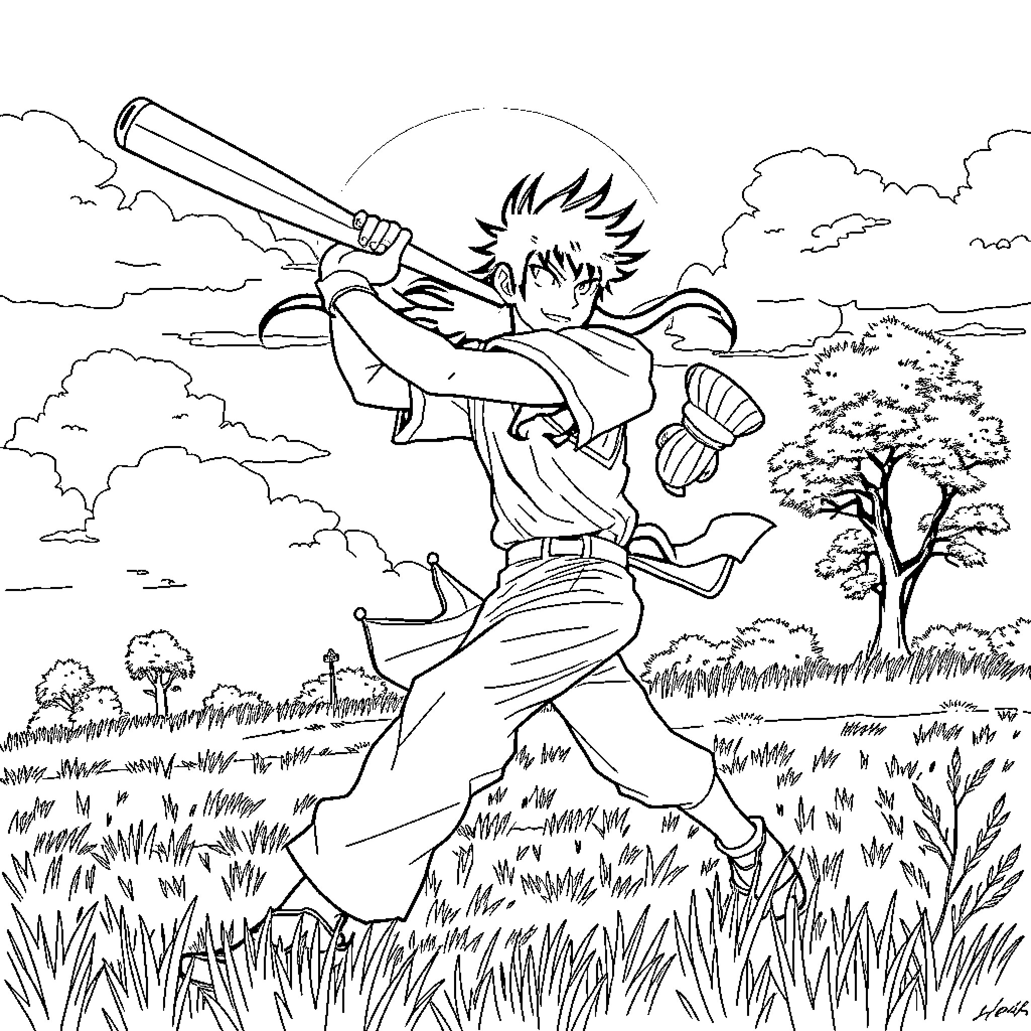 Sun Wukong Battles with Mighty Weapon in Vibrant Landscape Coloring Page (free black-and-white line drawing printable PDF for all, from beginners to advanced learners, including children, teens, adults, and seniors)