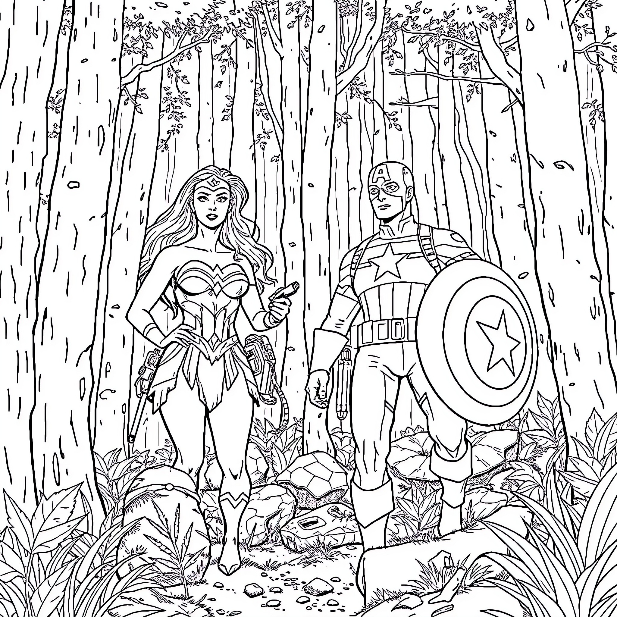 Wonder Woman and Captain America in the forest Coloring Page (free black-and-white line drawing printable PDF for all, from beginners to advanced learners, including children, teens, adults, and seniors)